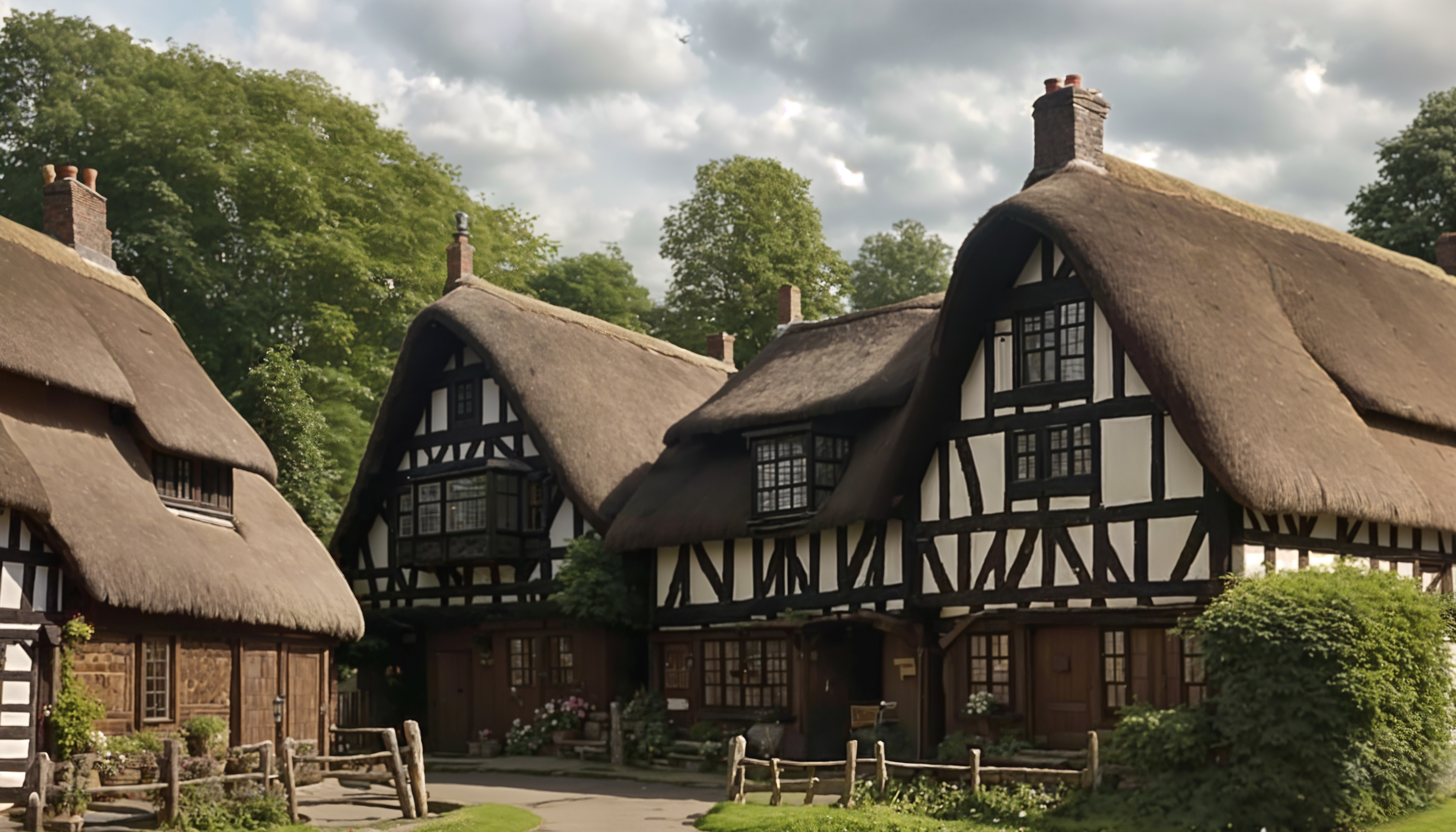 Charming Thatched-Roof Cottages in a Village Scene