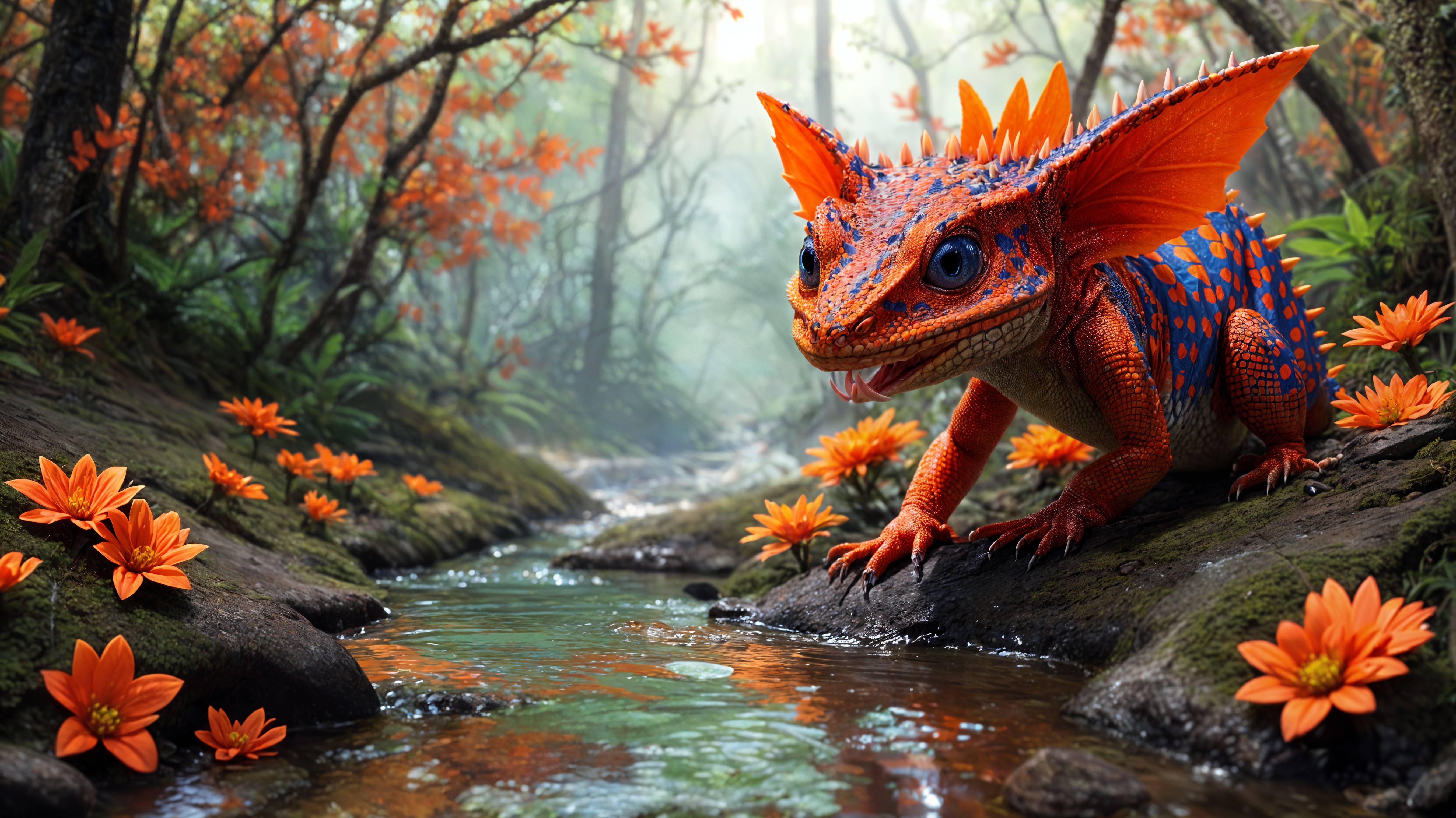 Vibrant Lizard by a Serene Stream in Enchanted Forest