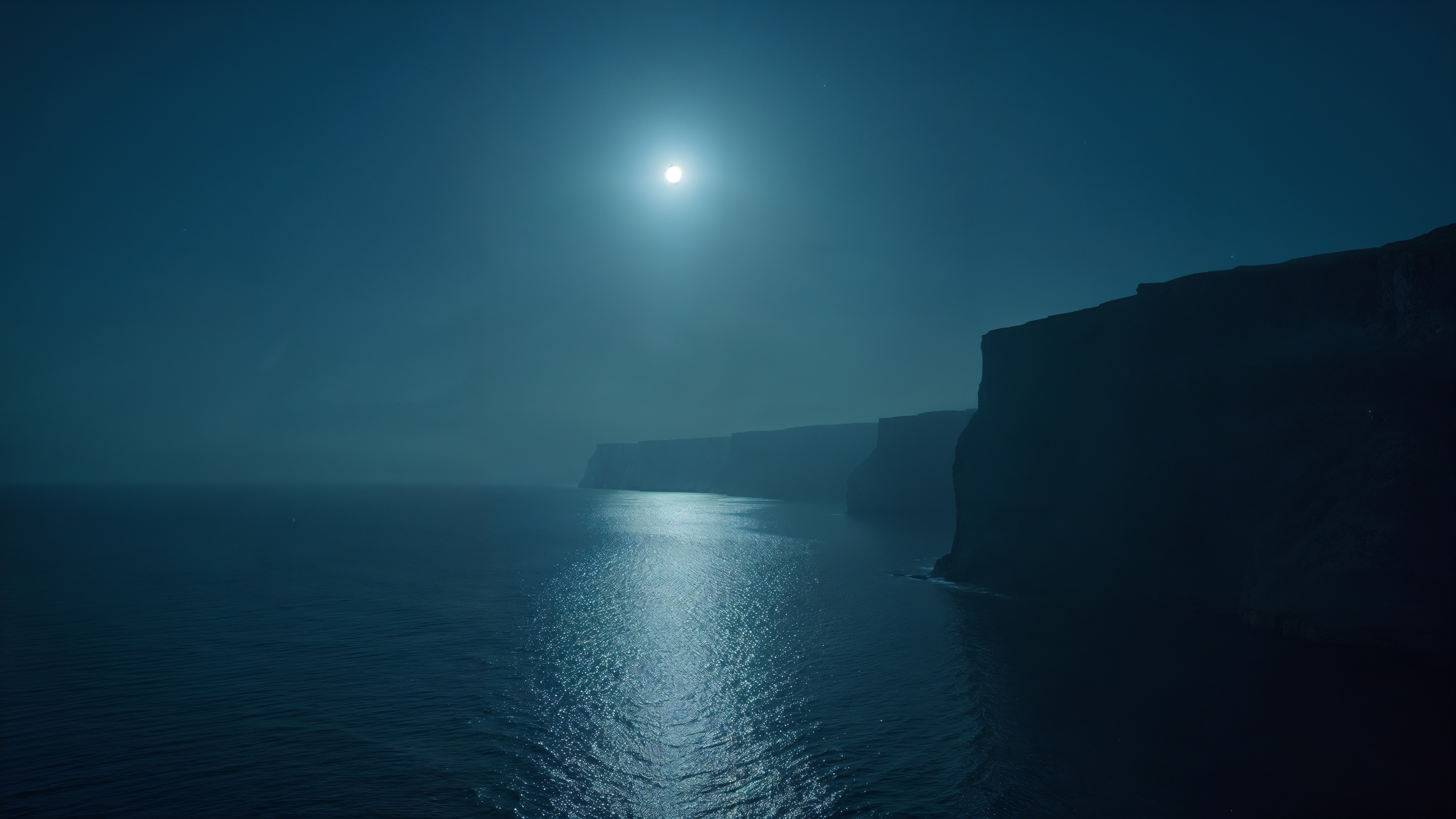 Dramatic Night Coastal Scene with Moonlit Waters