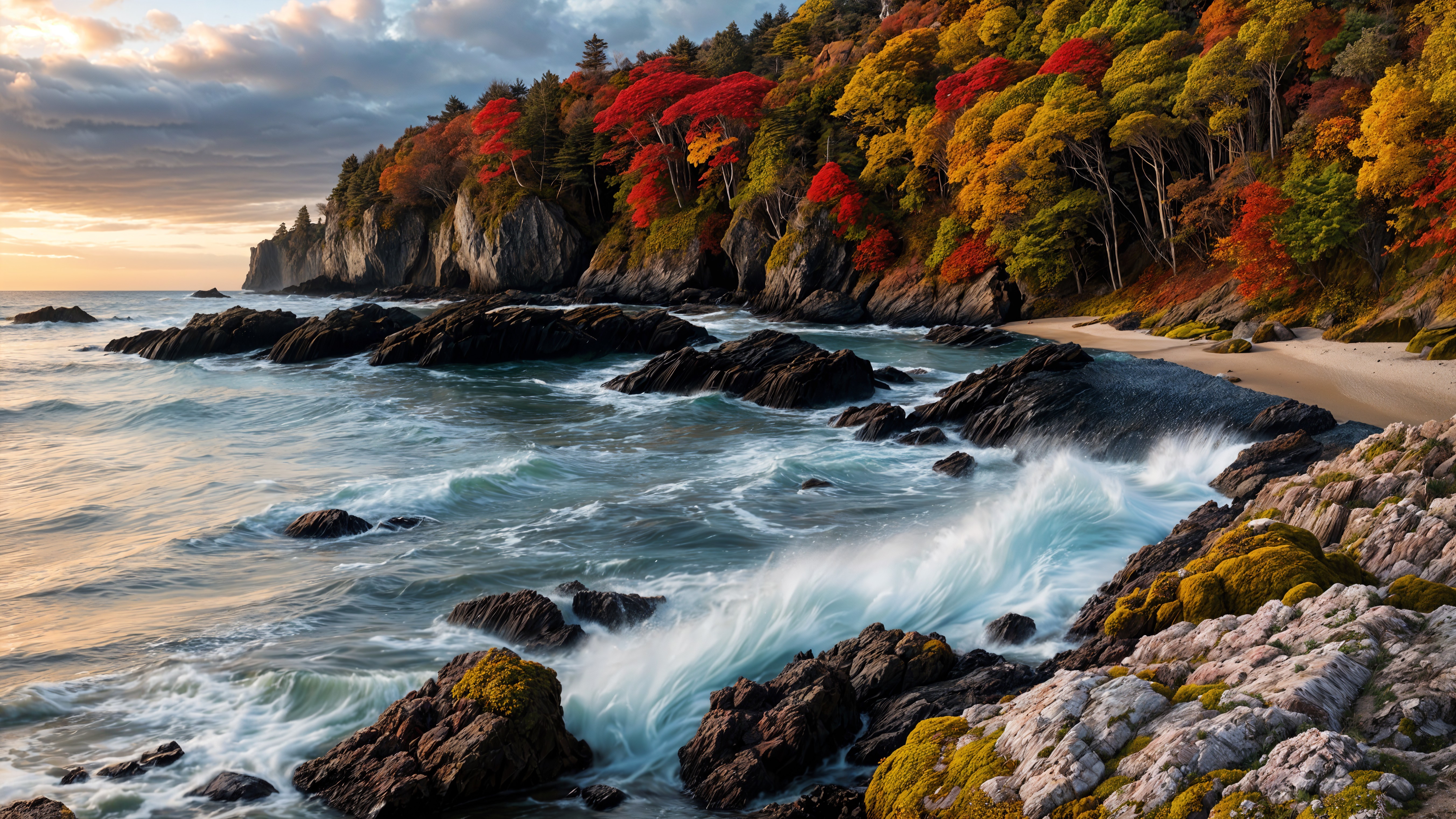 Coastal Scene of Waves, Rocks, and Autumn Foliage