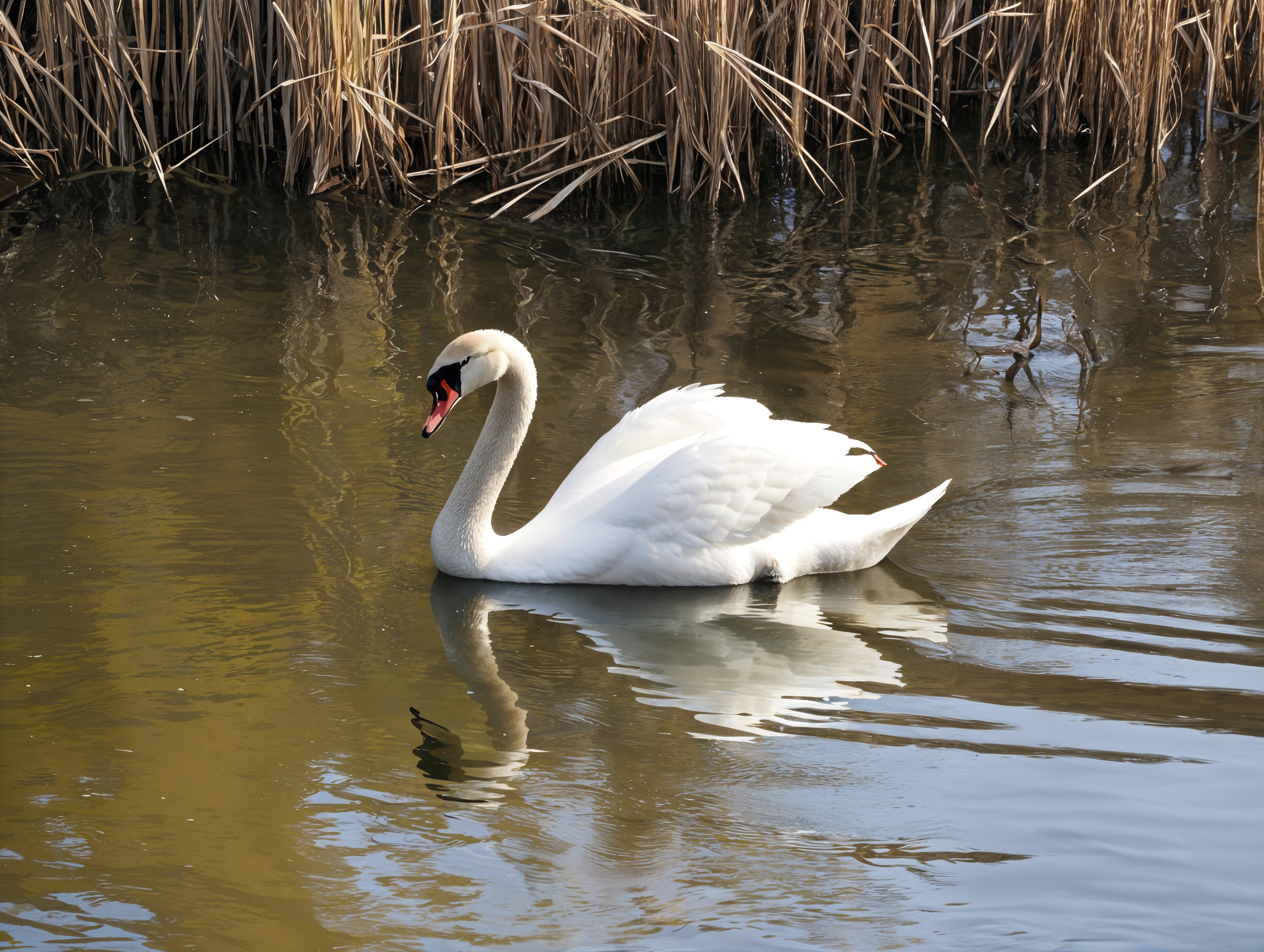 White Swan Gliding on a Calm Reflective Pond