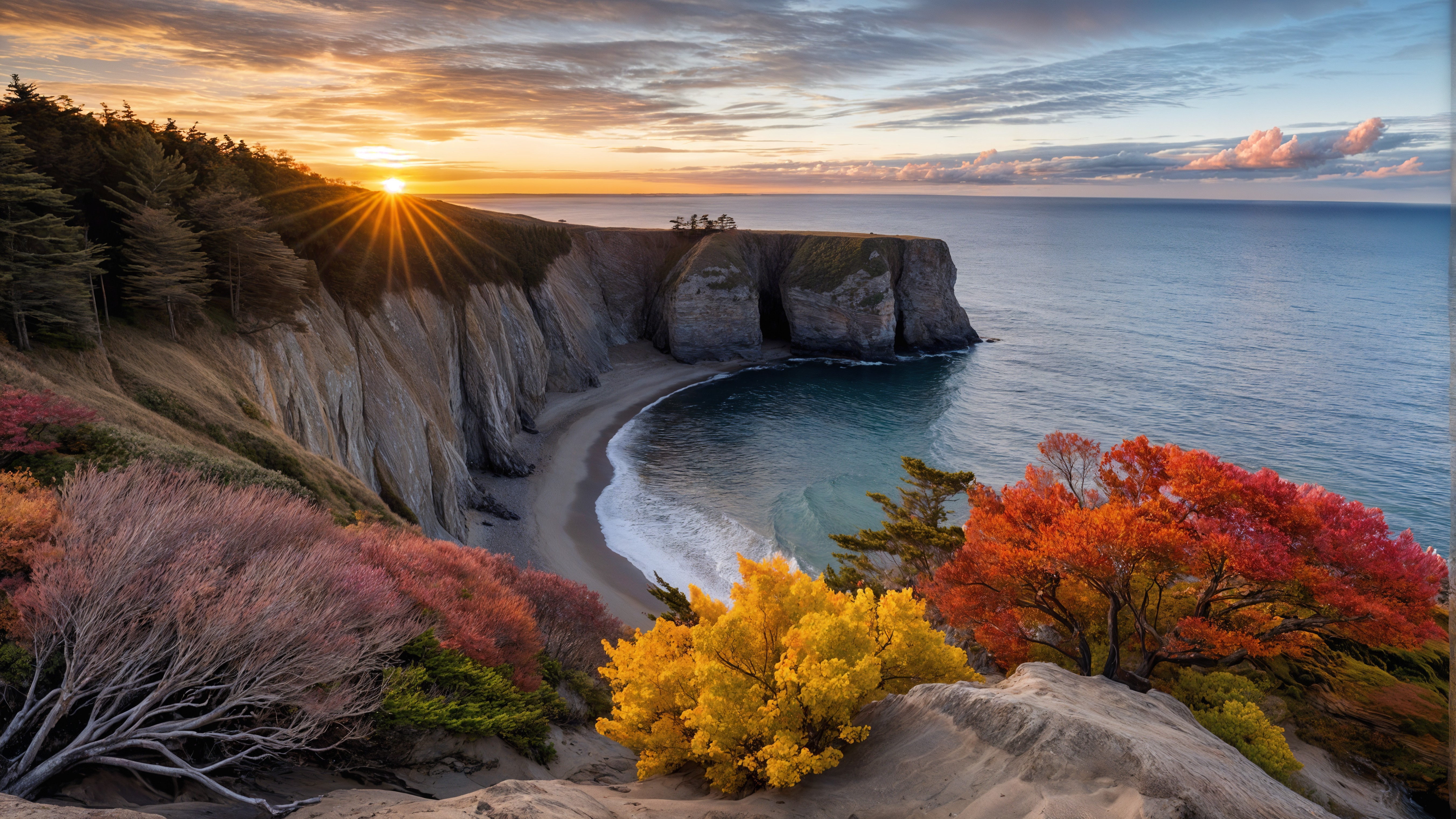 Coastal Sunset with Autumn Foliage and Cliffs