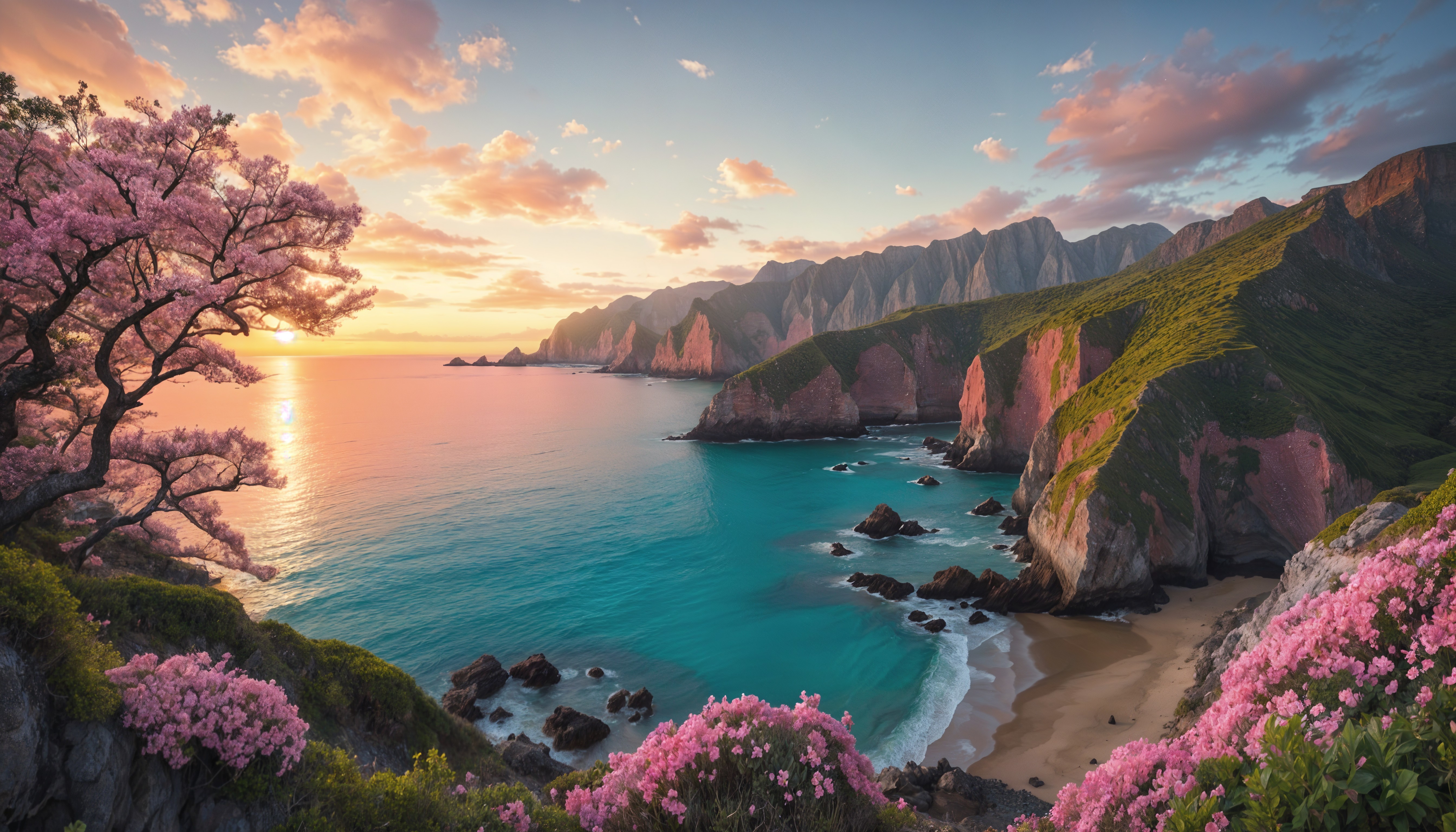 Coastal Landscape at Sunset with Vibrant Blossoms