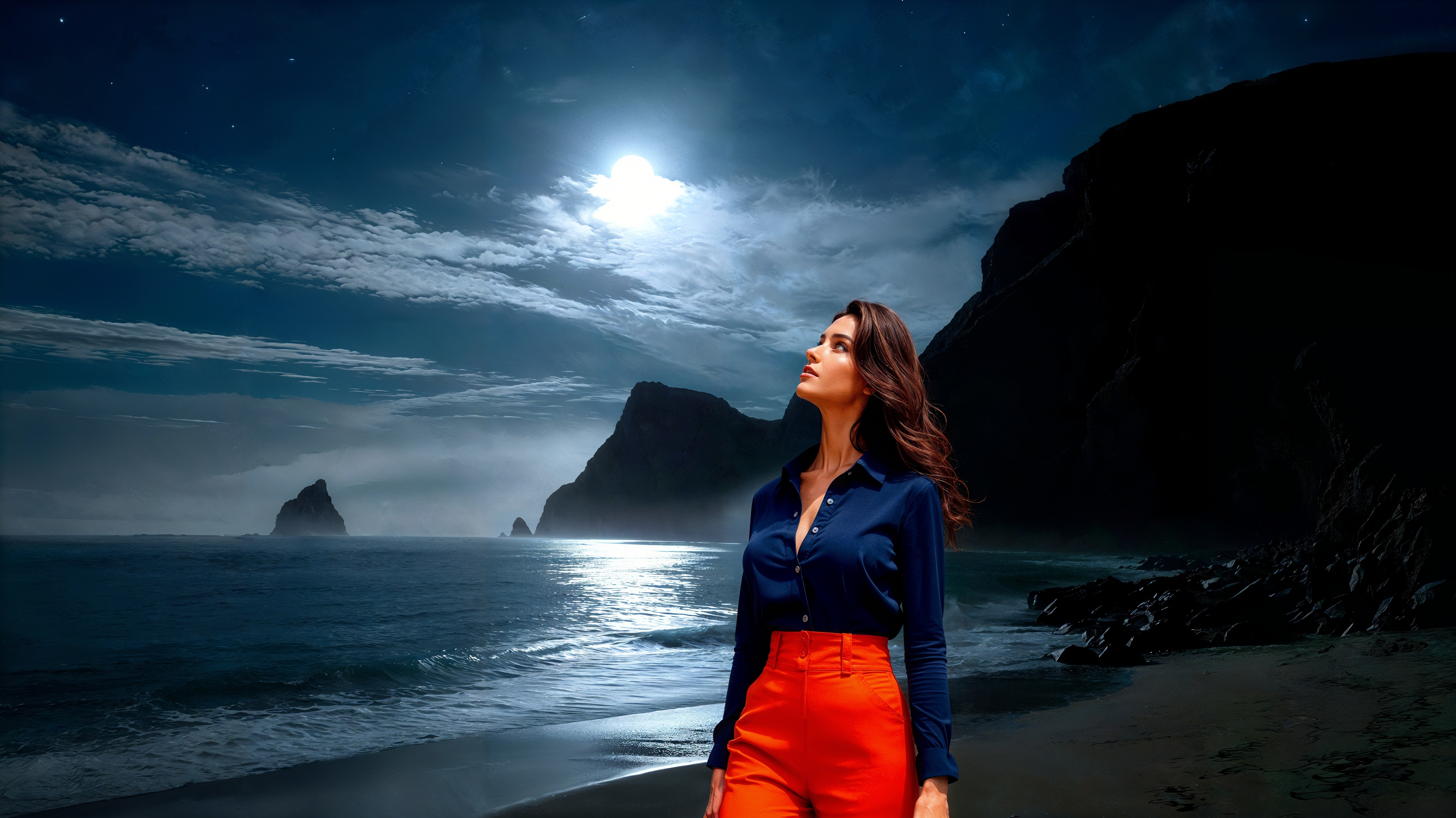 Woman in Blue Blouse and Orange Pants on Beach at Night