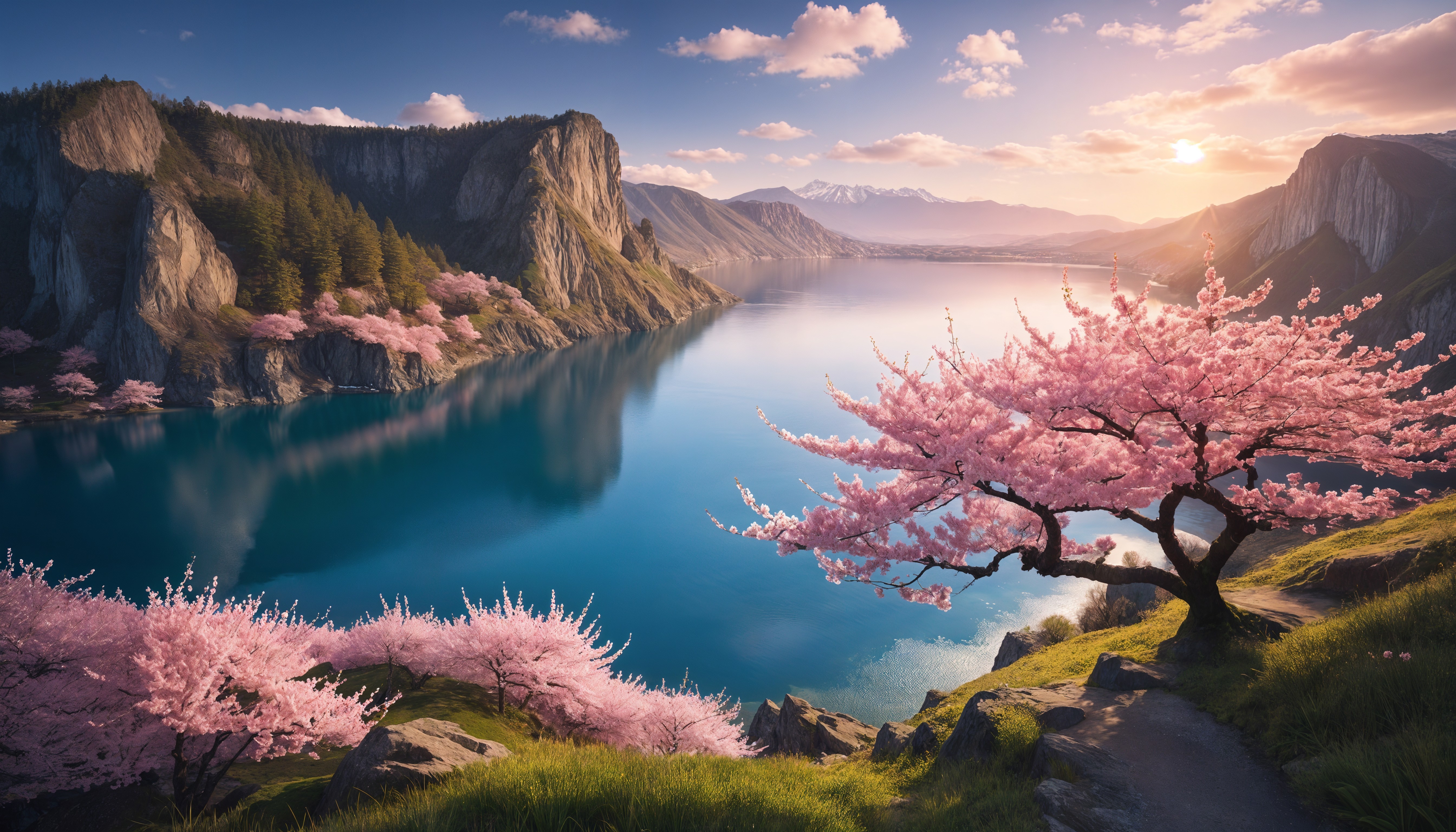 Tranquil Lake Surrounded by Cliffs and Cherry Trees
