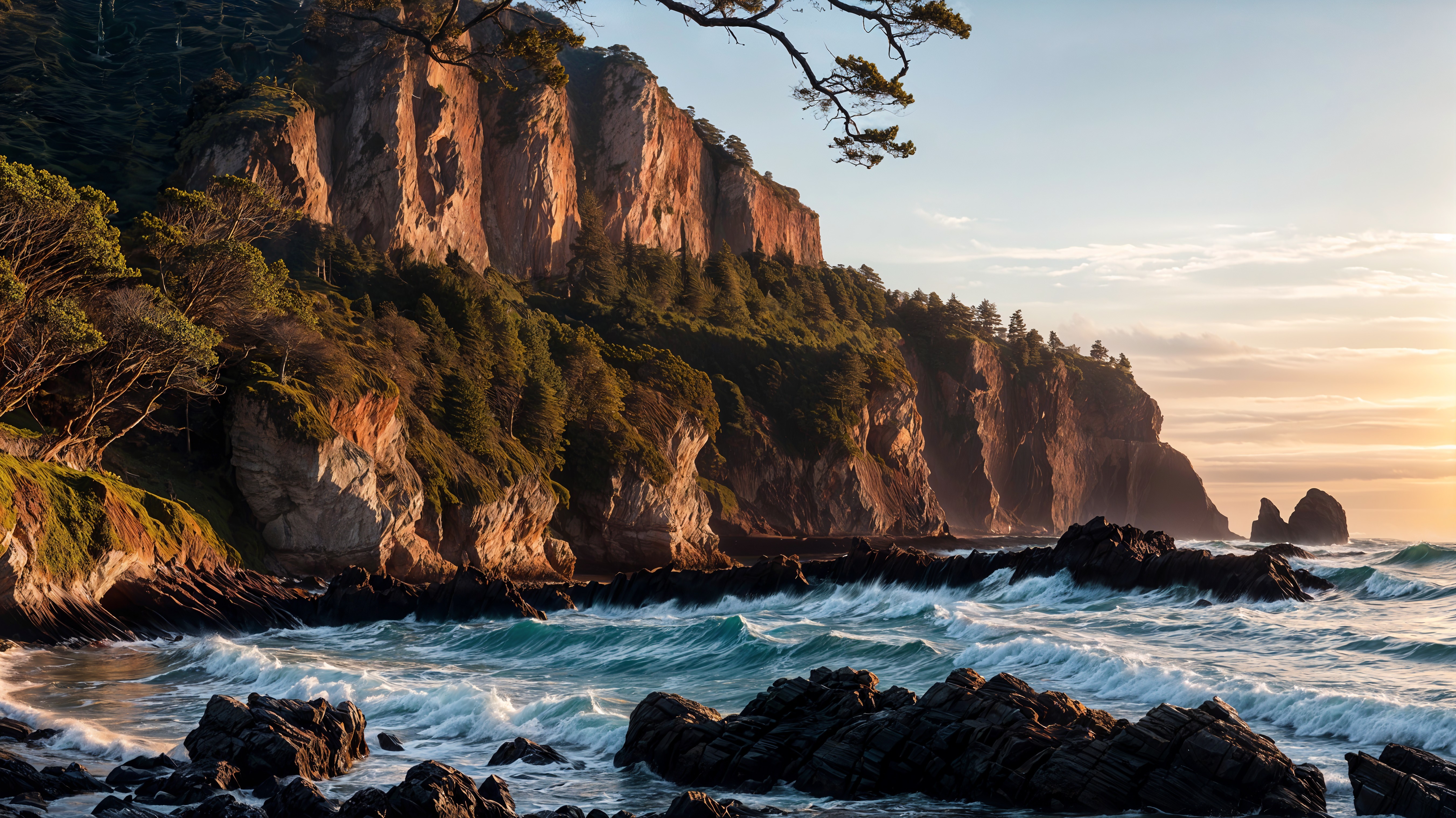 Coastal Landscape at Sunset with Cliffs and Waves