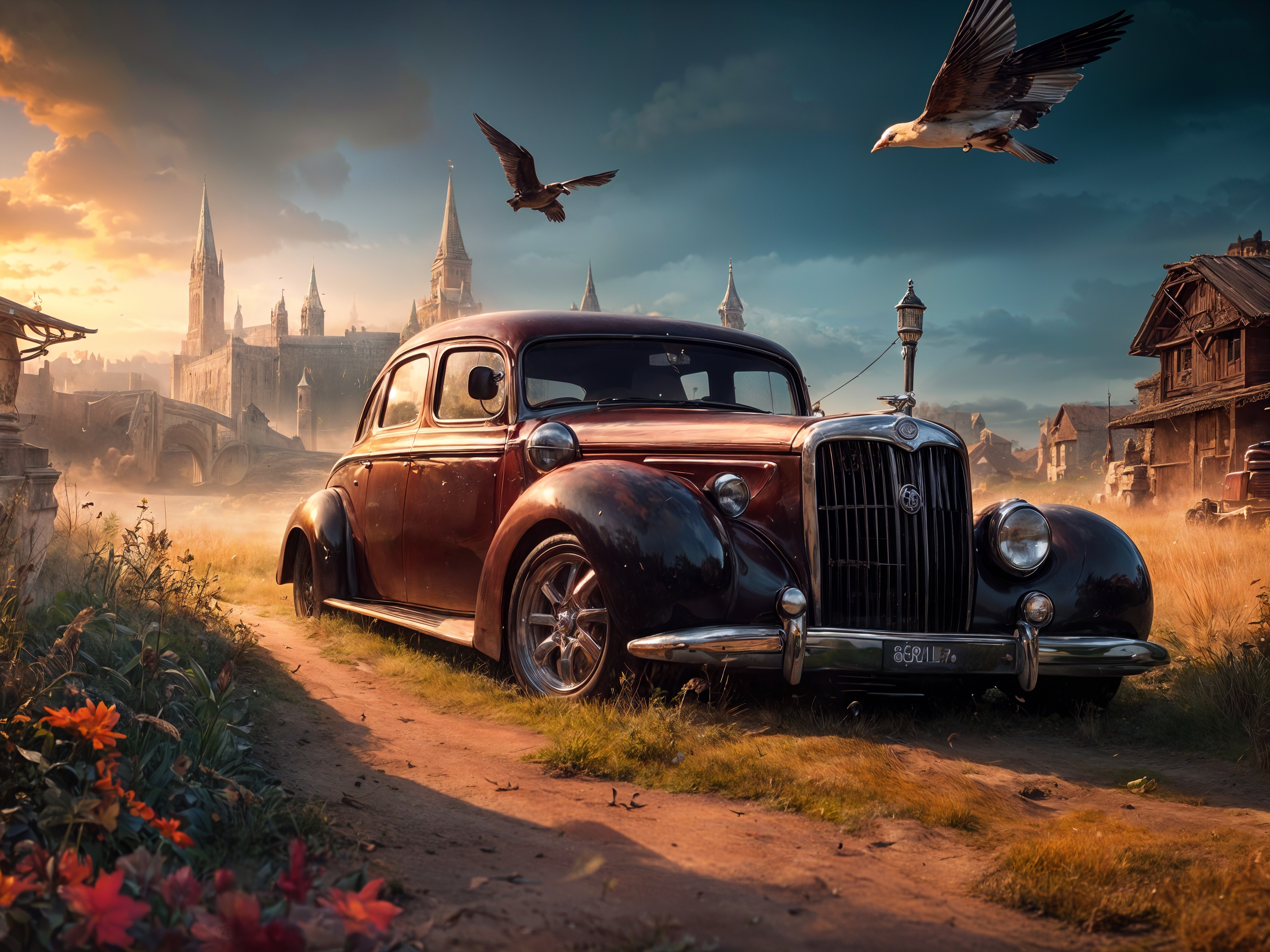Vintage Car on Dirt Path with Medieval Town Background
