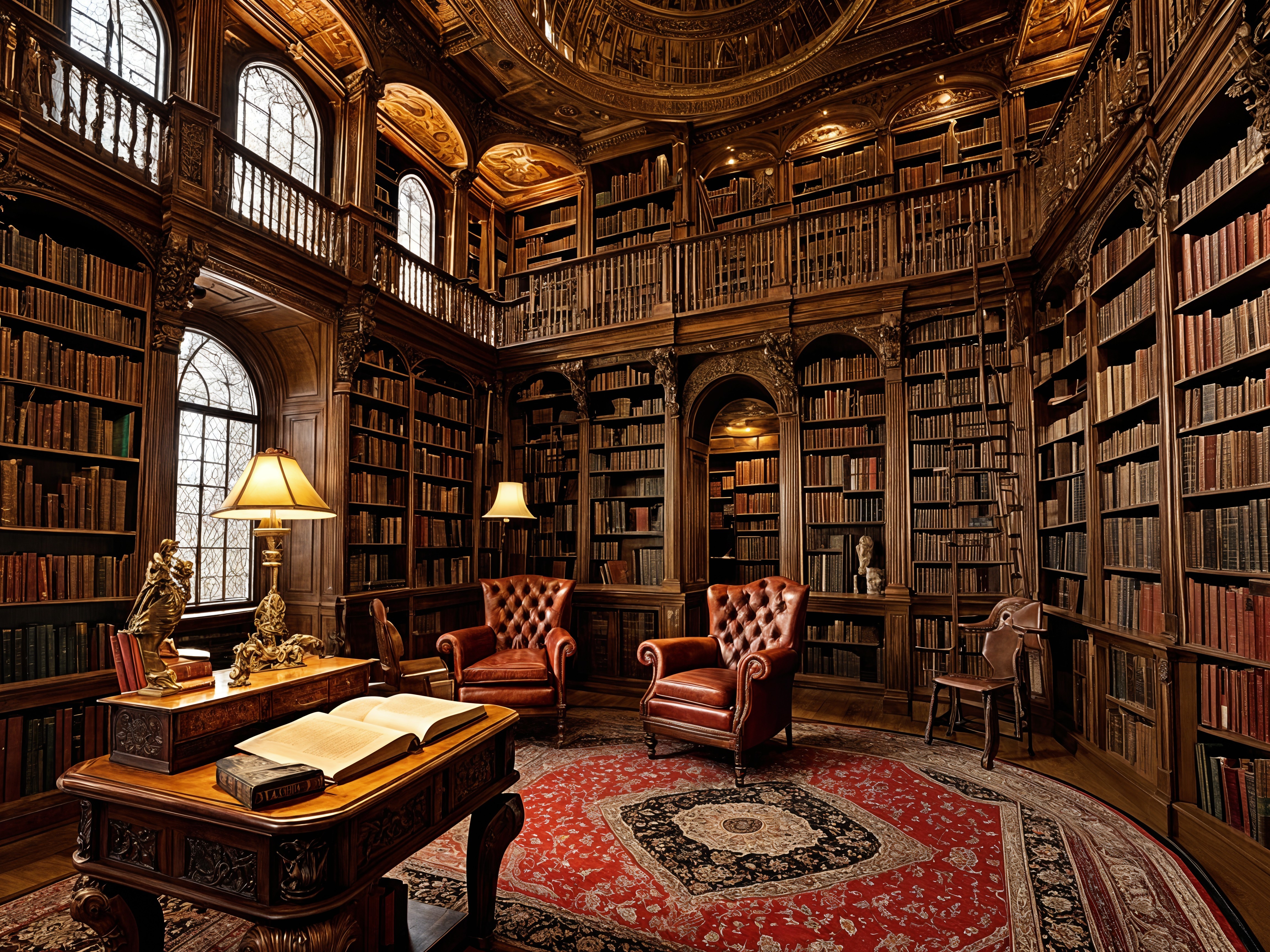 Opulent library with wooden shelves and elegant decor