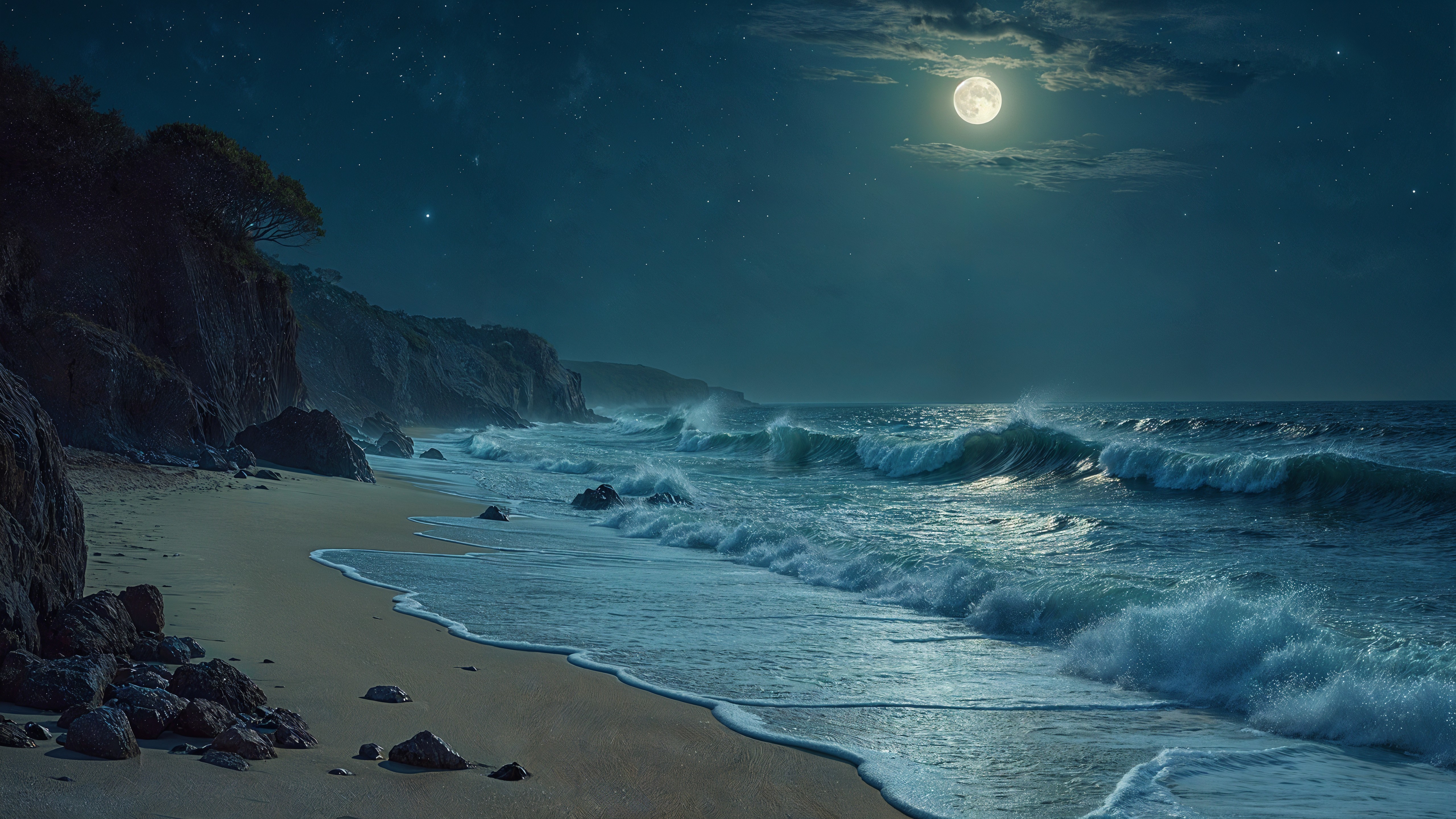 Serene Coastal Scene Under a Full Moon at Night