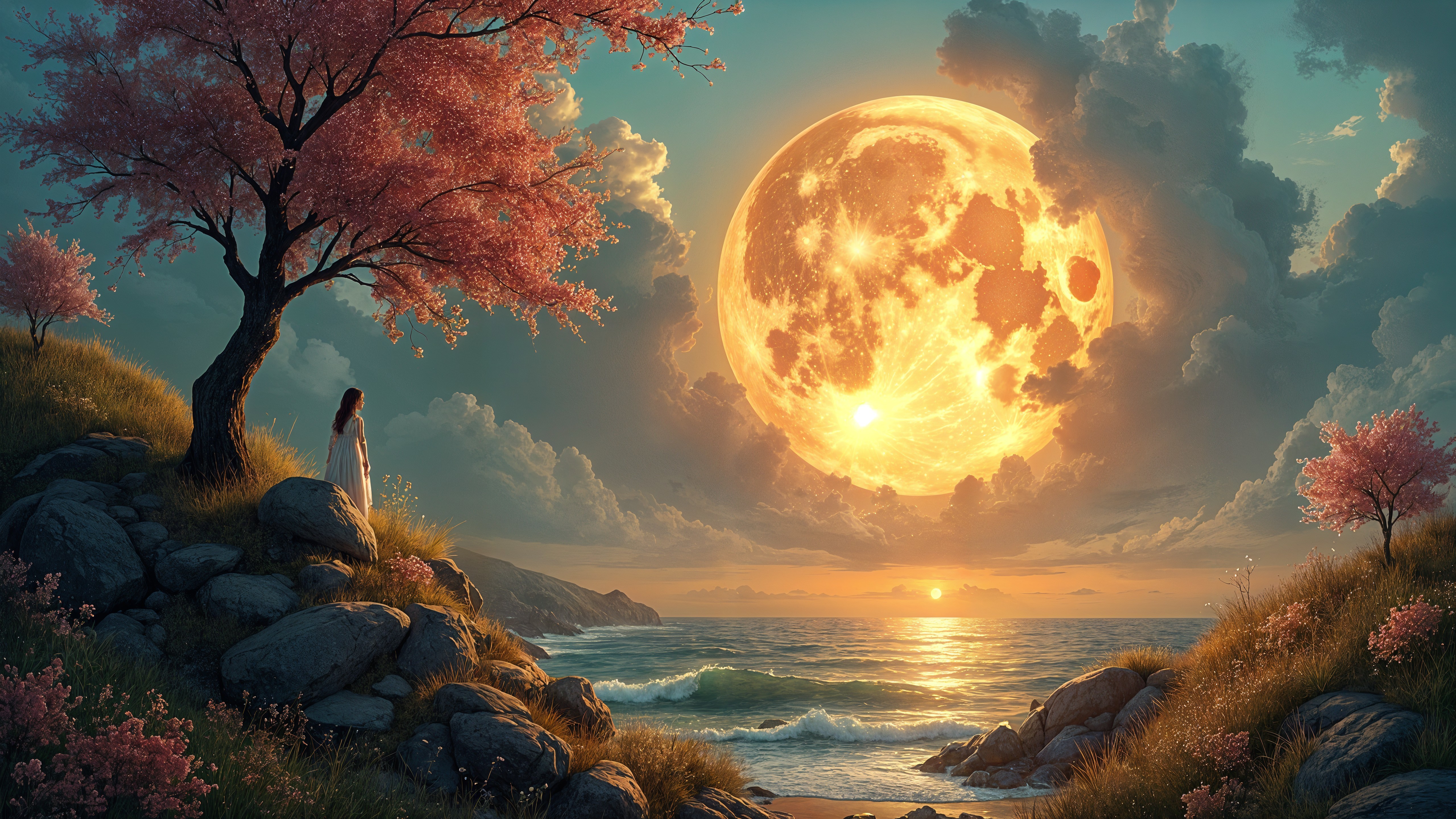 Tranquil Shore with Cherry Blossom and Full Moon