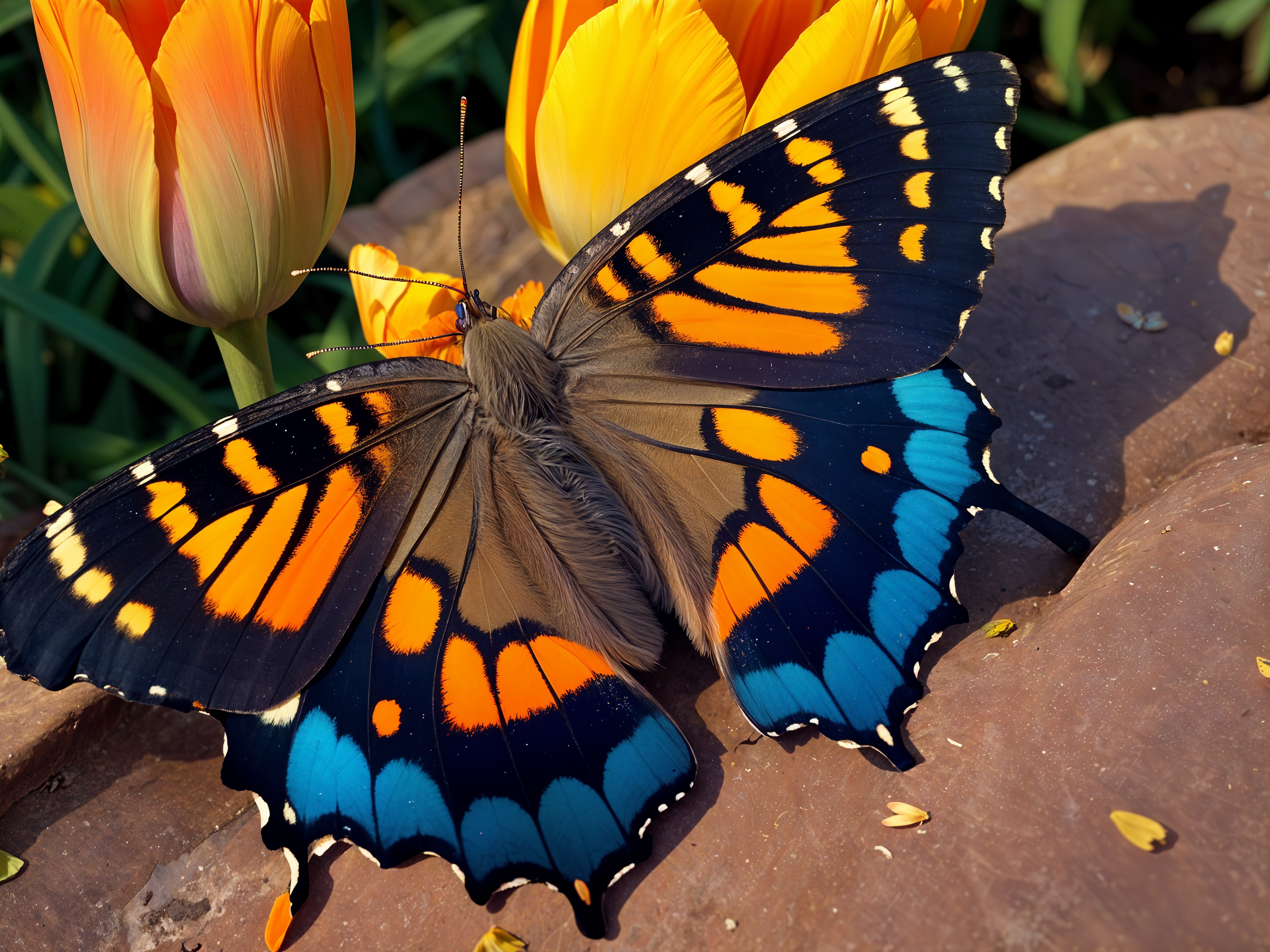 Close-Up of Butterfly on Brown Surface with Tulips