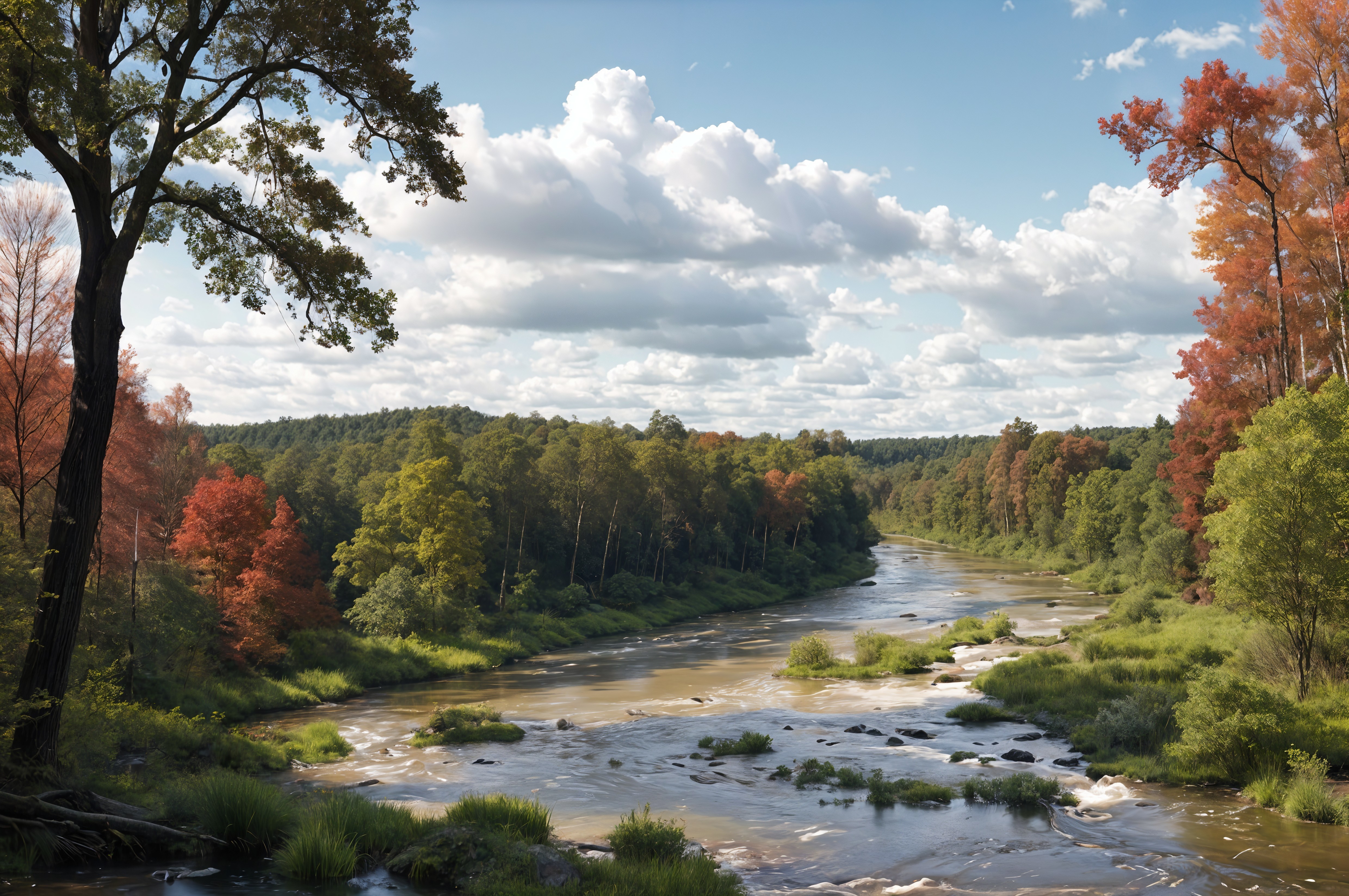 Serene River in Vibrant Autumn Landscape