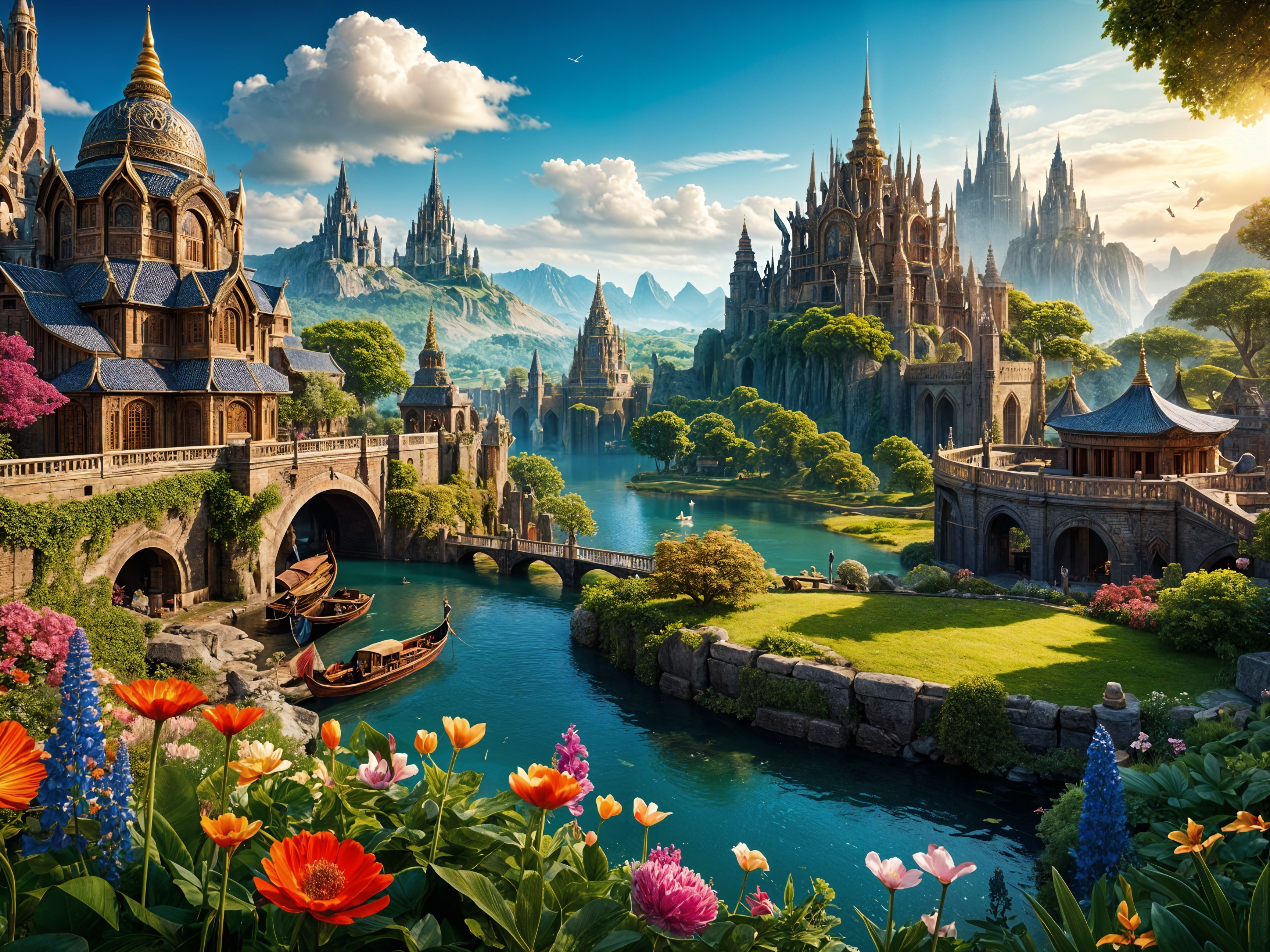 Vibrant garden and castles in a fantasy landscape