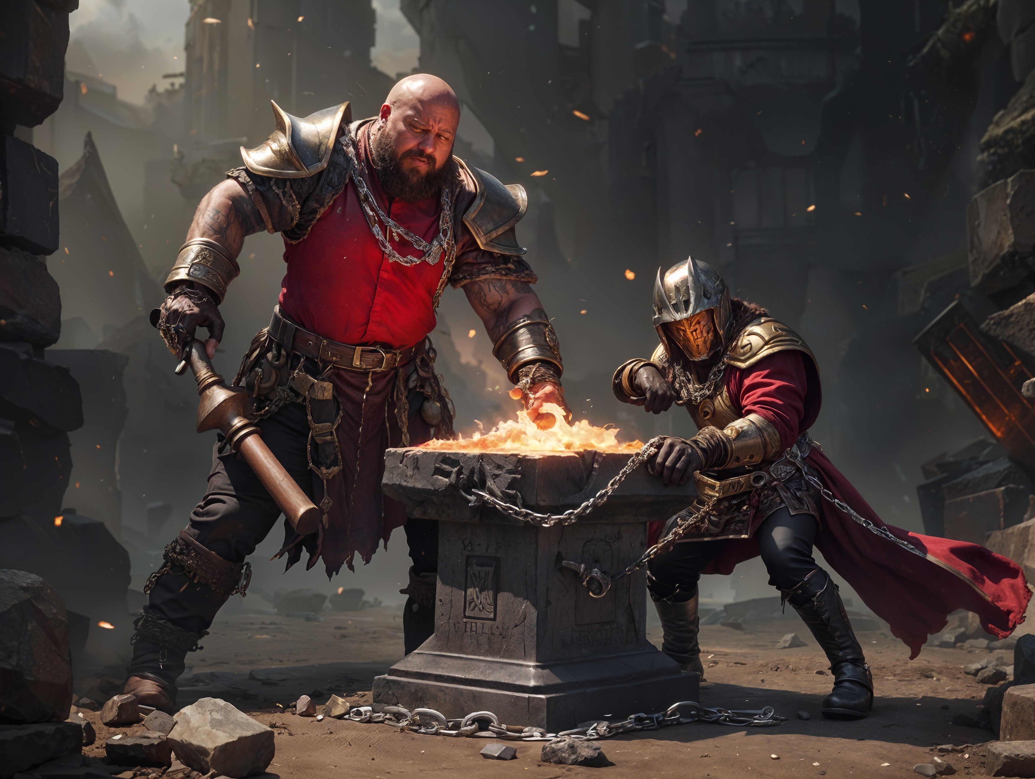 Warriors by a Stone Forge in a Dark Setting