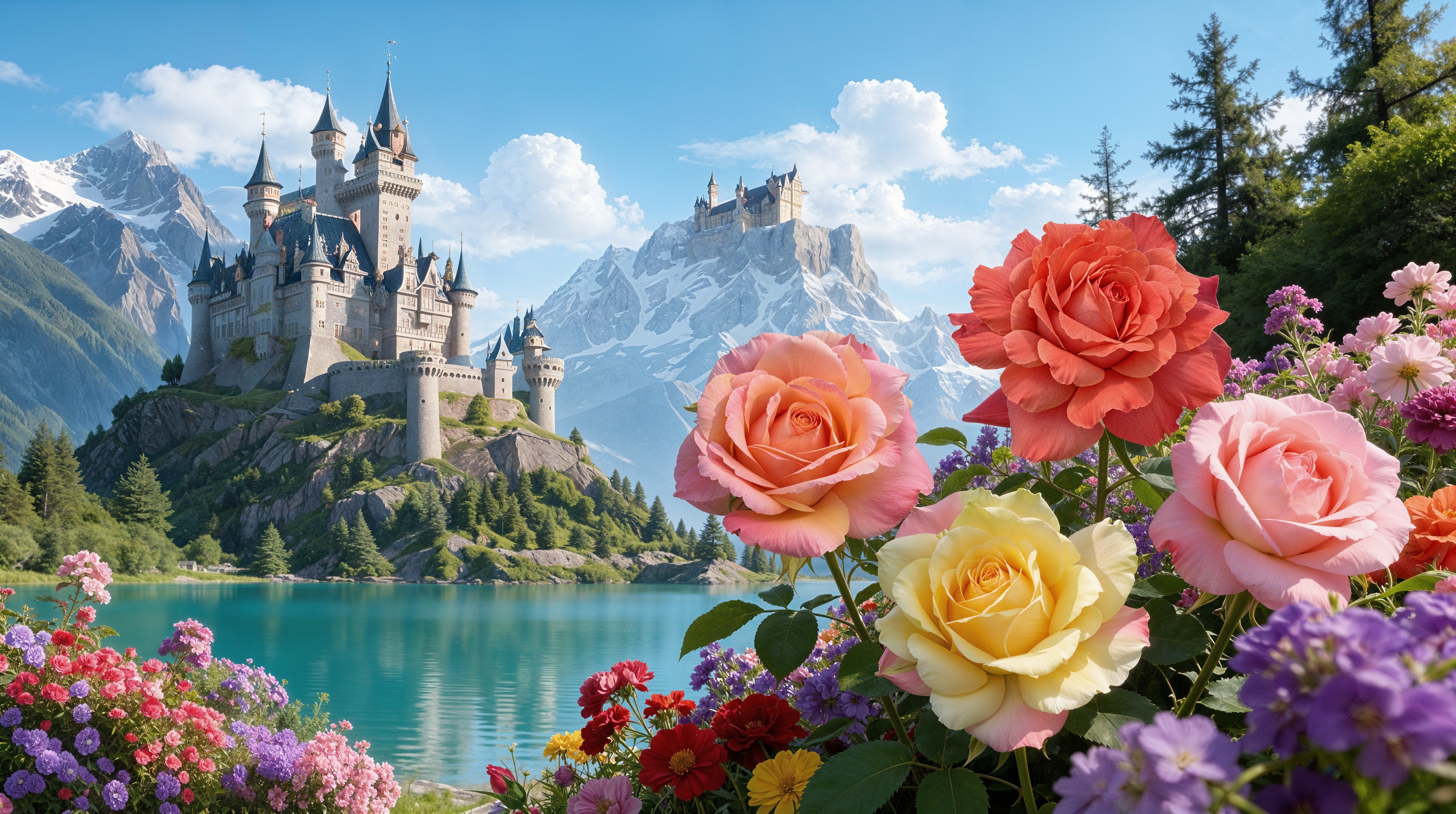 Castle on a Hill Surrounded by Lush Nature and Flowers