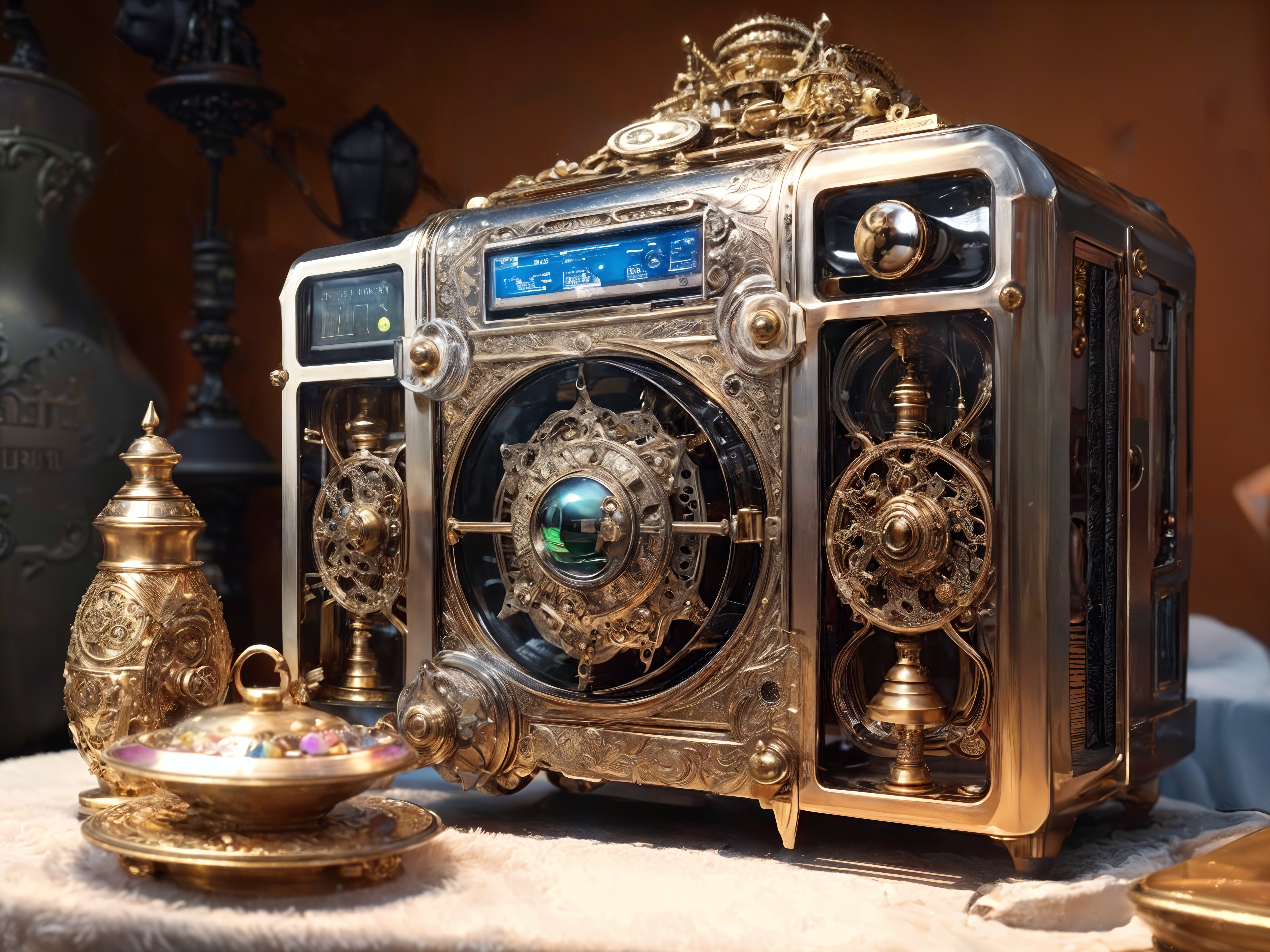 Intricate Steampunk Radio with Gears and Filigree