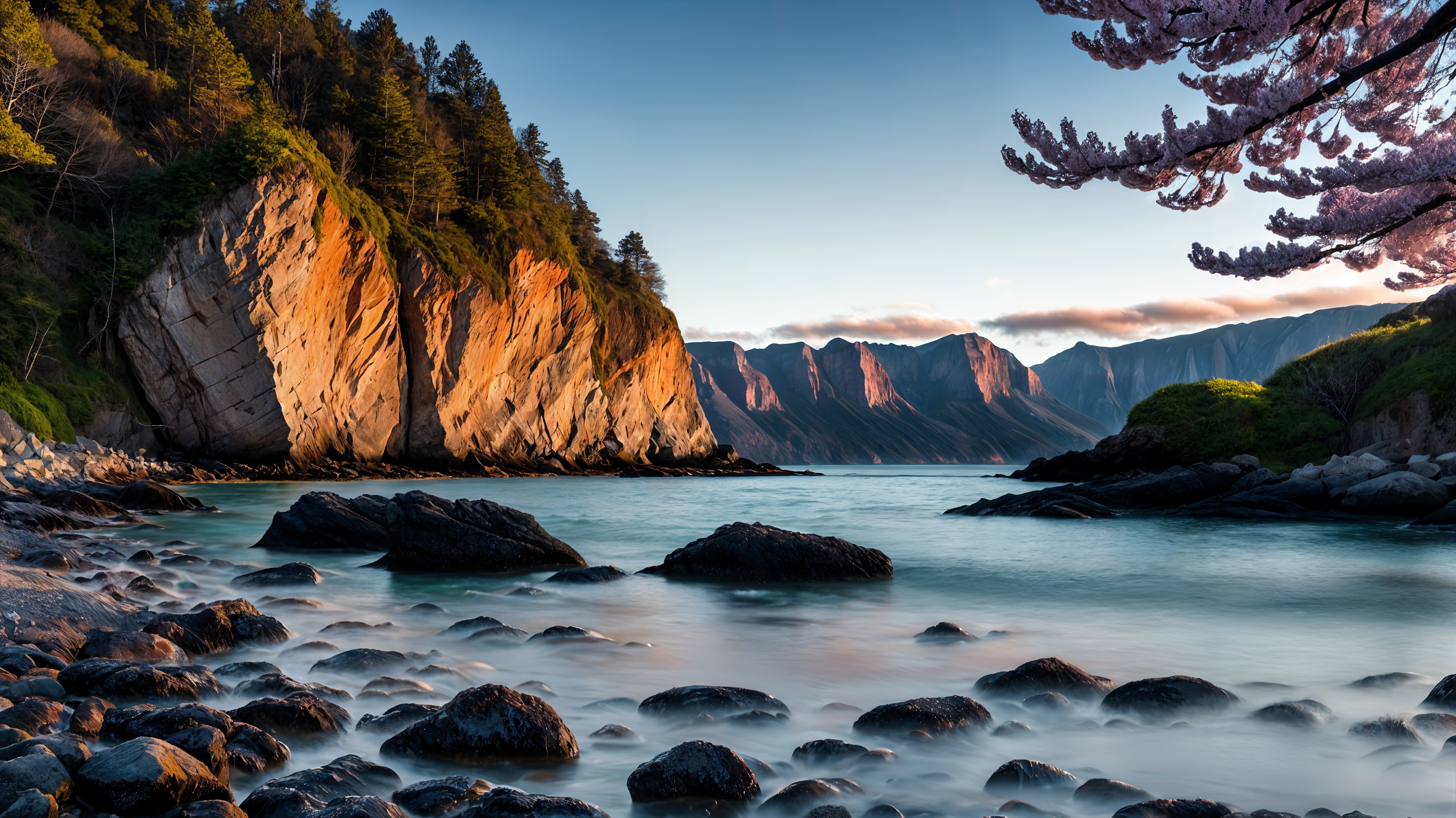 Coastal Scene with Cliffs, Waves, and Cherry Blossoms
