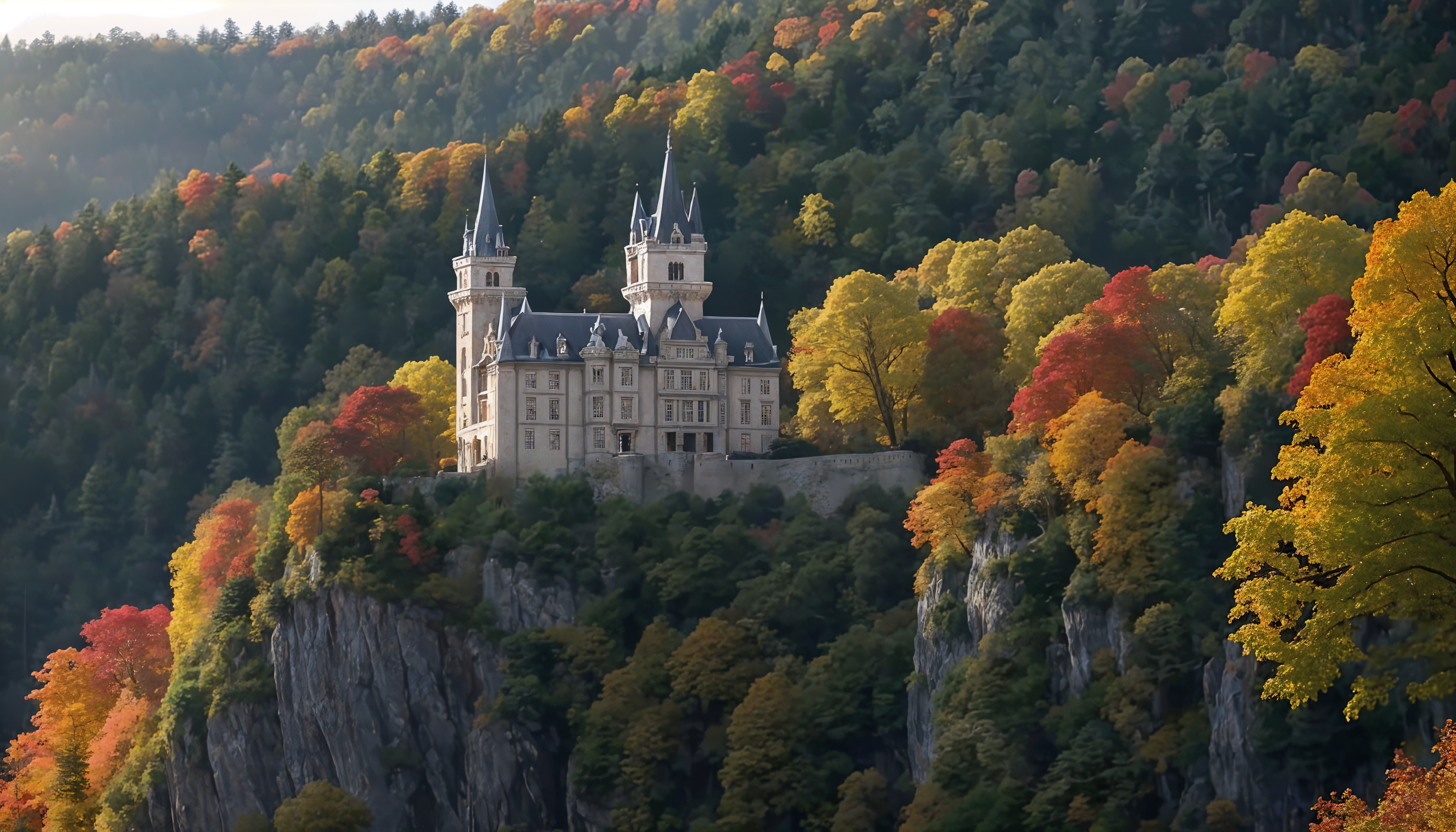 Castle on Rocky Cliff Amidst Vibrant Autumn Landscape