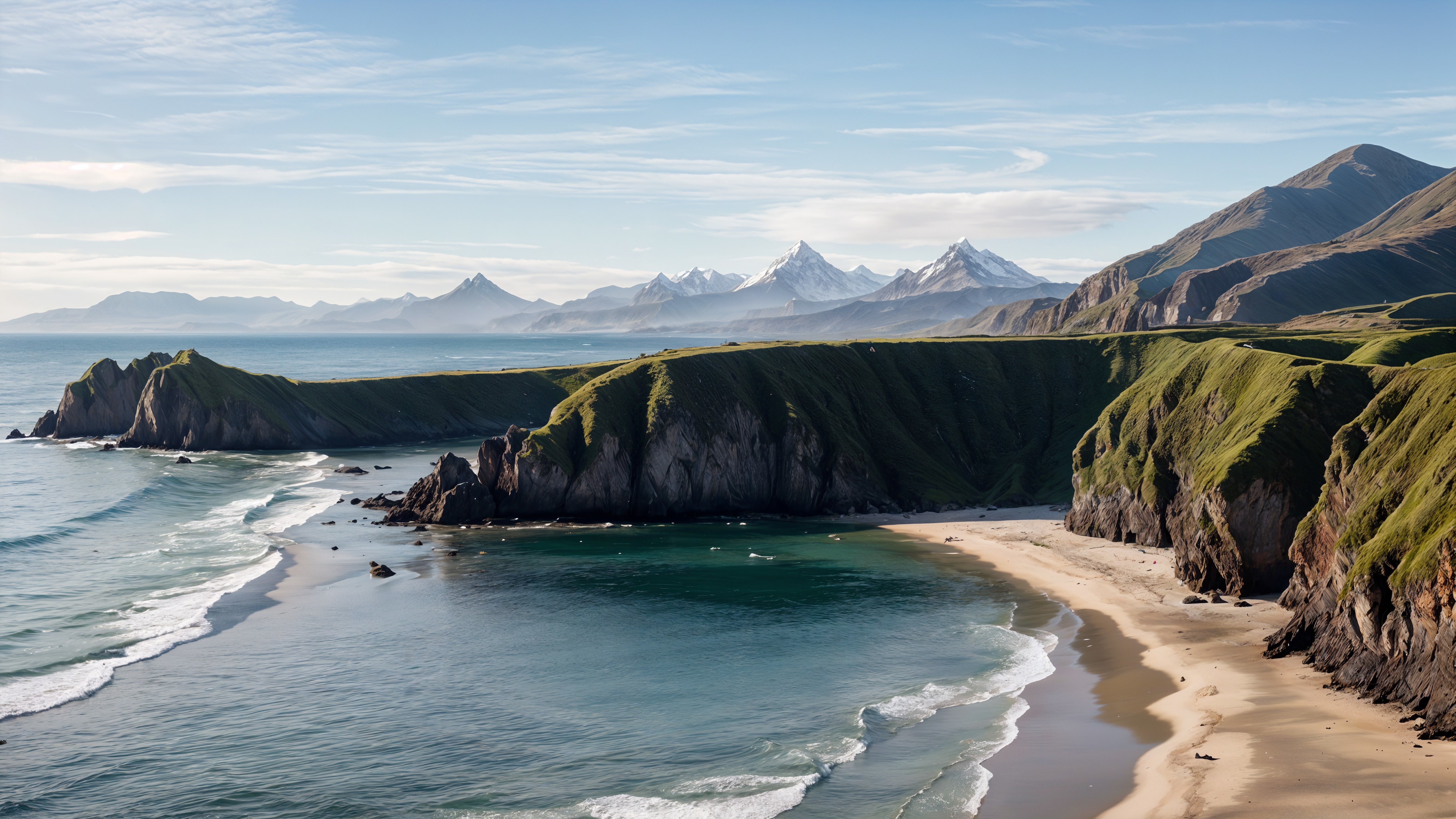 Coastal Landscape with Green Hills and Snow-Capped Mountains