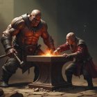 Warriors by a Stone Forge in a Dark Setting