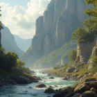Serene Landscape with River and Towering Mountains