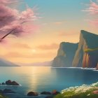 Serene Sunset Landscape with Lake and Cherry Blossoms