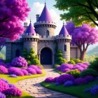Whimsical Stone Castle Surrounded by Lush Greenery