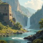 Ancient Castle Overlooking River and Waterfall Scene