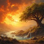 Majestic sunset over a winding river and hills