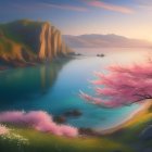 Tranquil Lake Surrounded by Cliffs and Cherry Trees