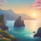 Serene Sunset Landscape with Rock Formations and Water