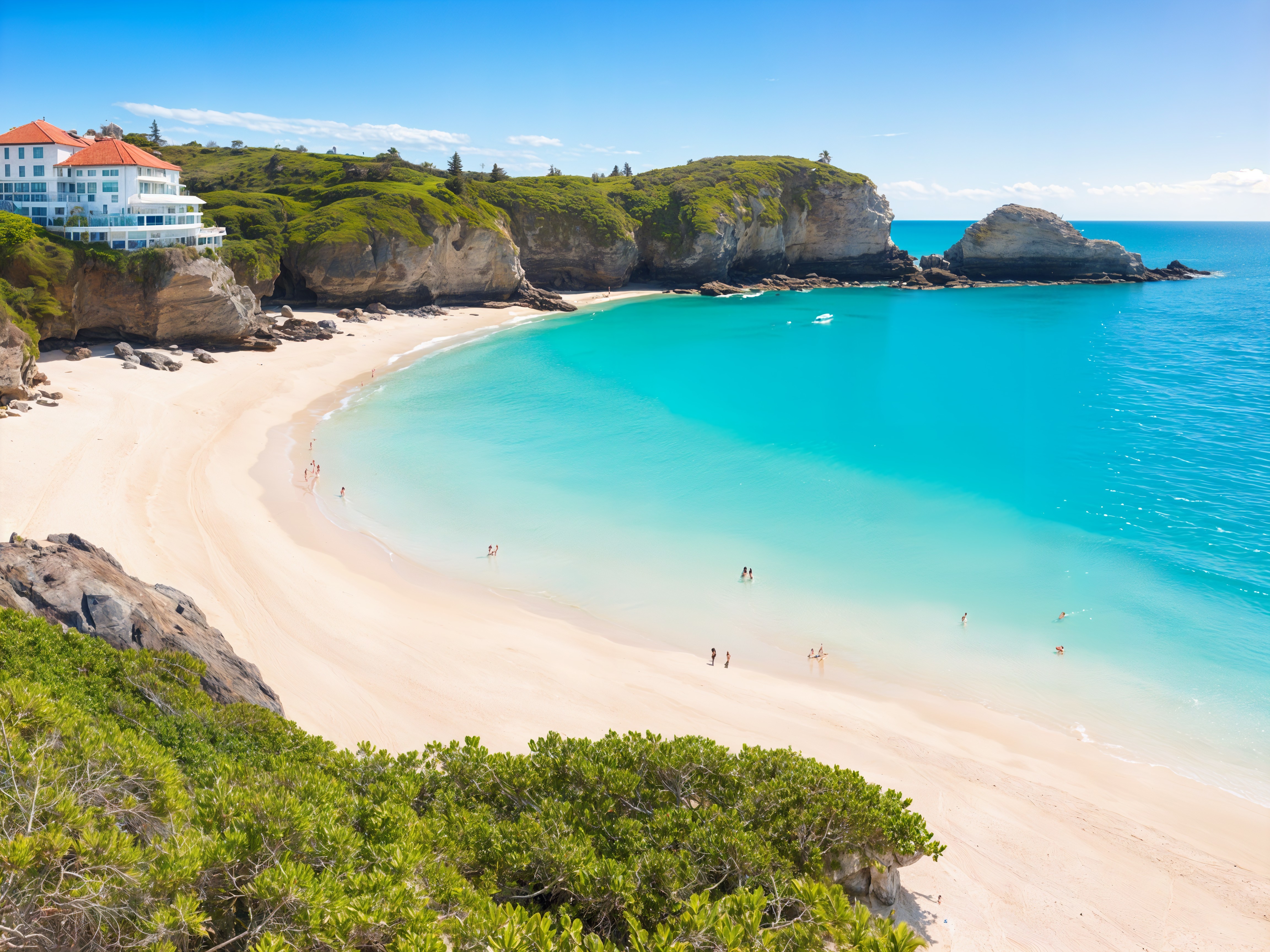 Coastal Scene with Beach, Turquoise Bay, and Hills