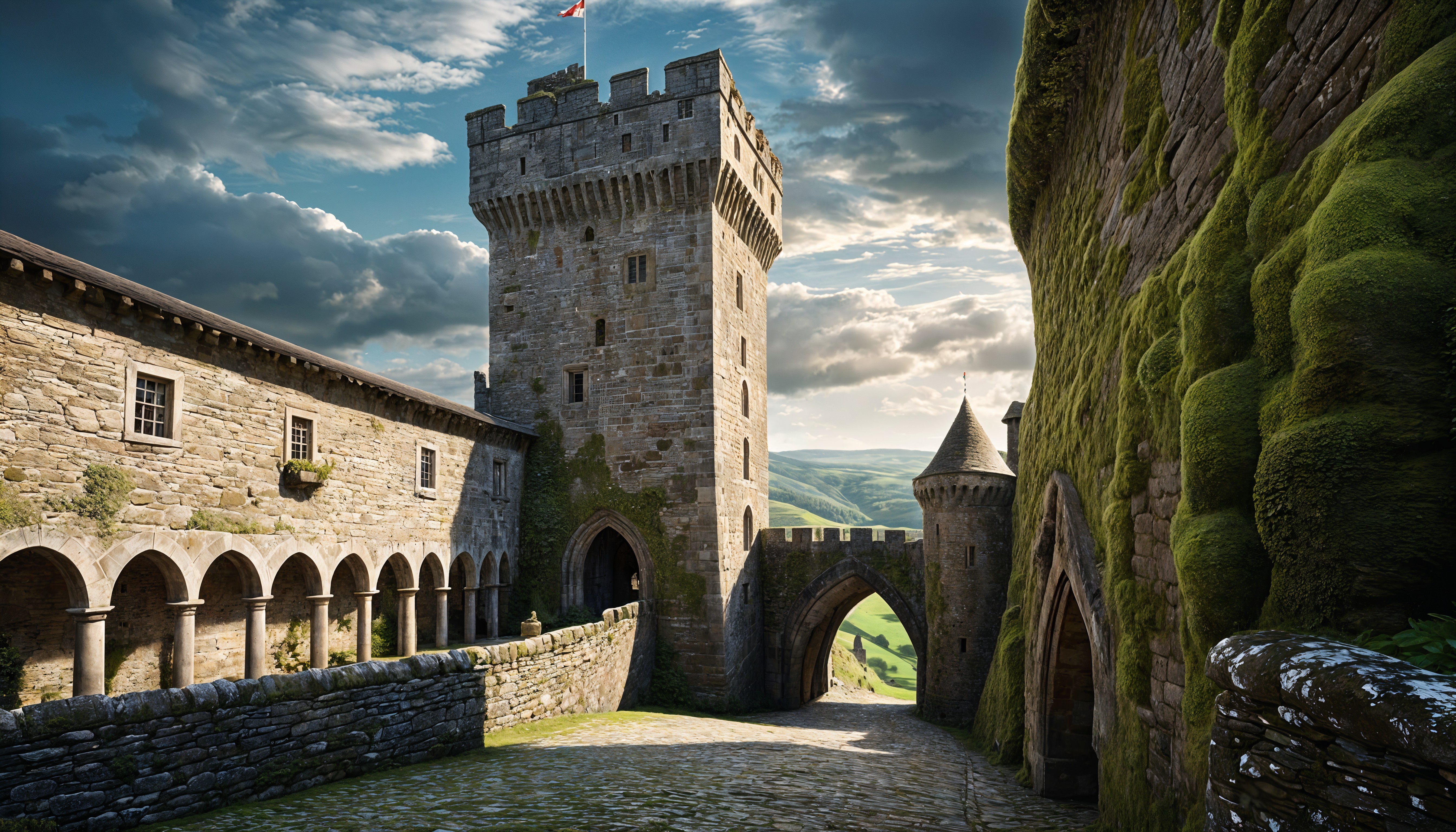 Medieval Castle with Stone Tower and Arched Gateways