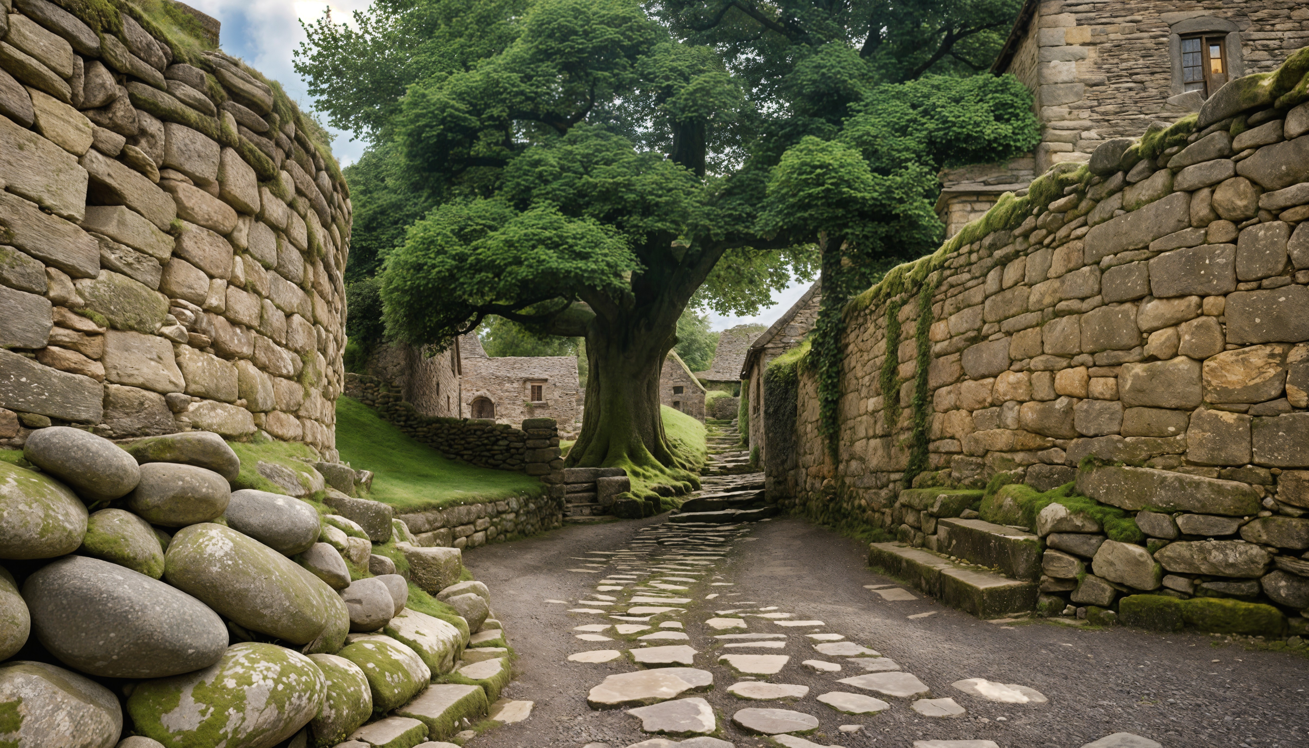 Serene Village Scene with Cobblestone Path and Tree