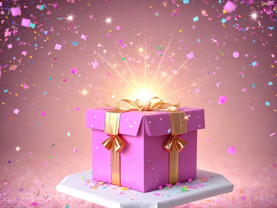 Vibrant Pink Gift Box with Gold Ribbon on Pedestal