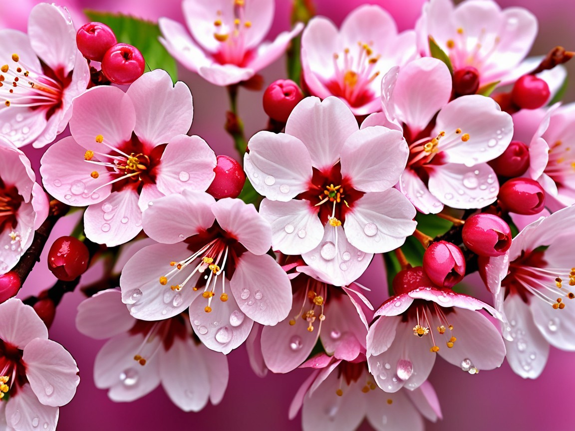 Close-up of cherry blossoms with raindrops and foliage