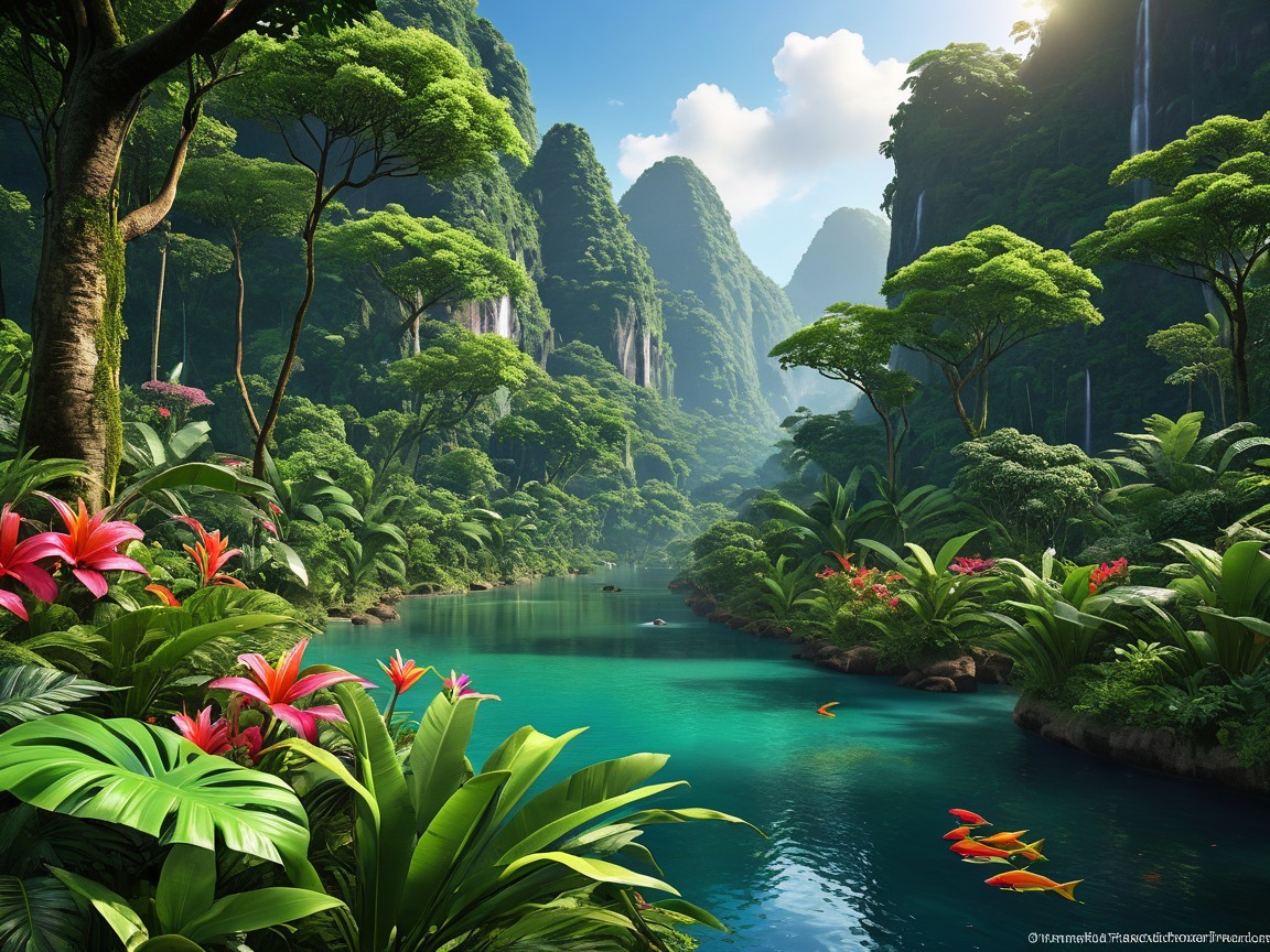 Serene Jungle Landscape with River and Tropical Flora