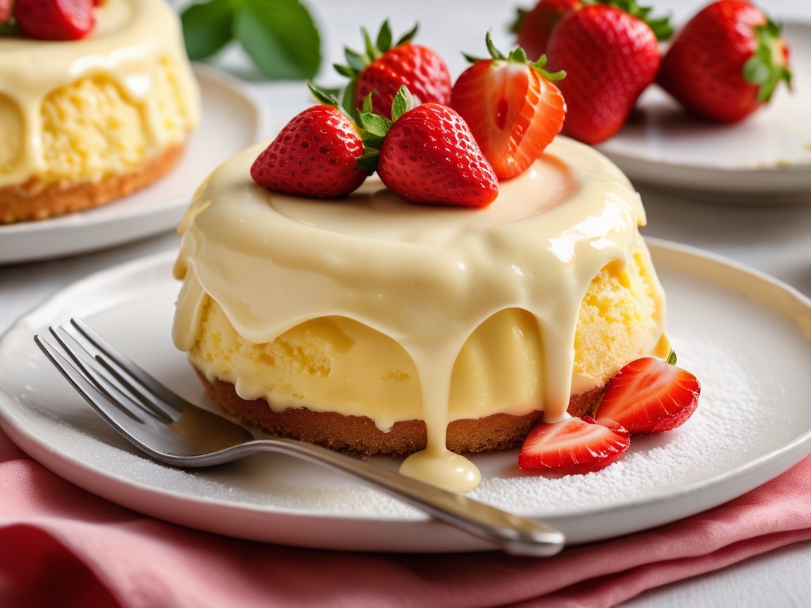 Creamy Yellow Custard Cake with Fresh Strawberries