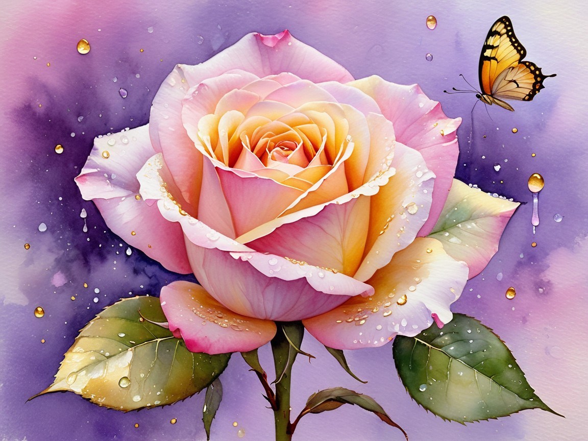 Watercolor Illustration of a Pink Rose with Butterfly