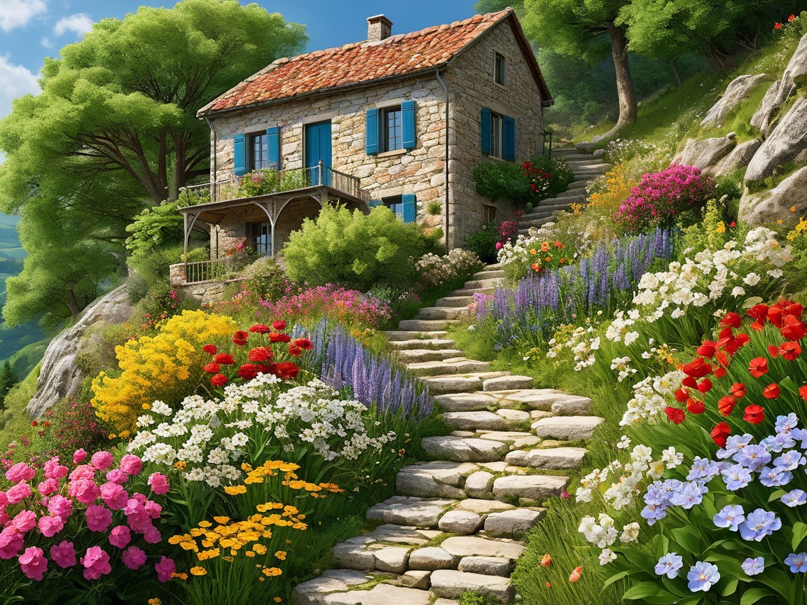 Stone Cottage Surrounded by Lush Greenery and Flowers