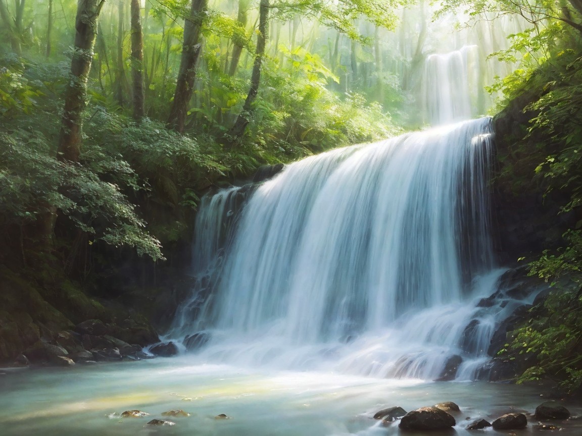 Serene Waterfall Surrounded by Lush Greenery