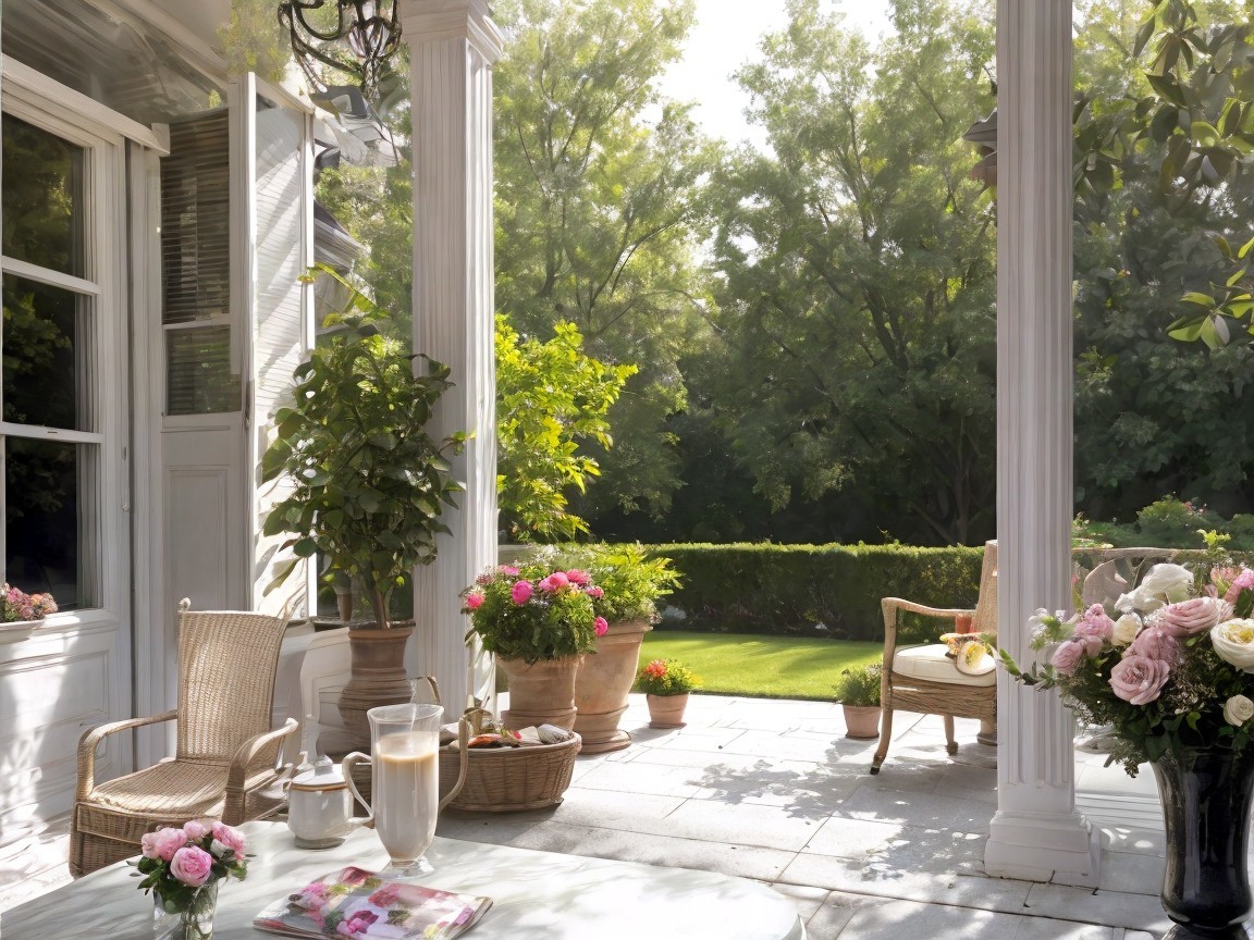 Serene Outdoor Patio with Elegant Columns and Greenery
