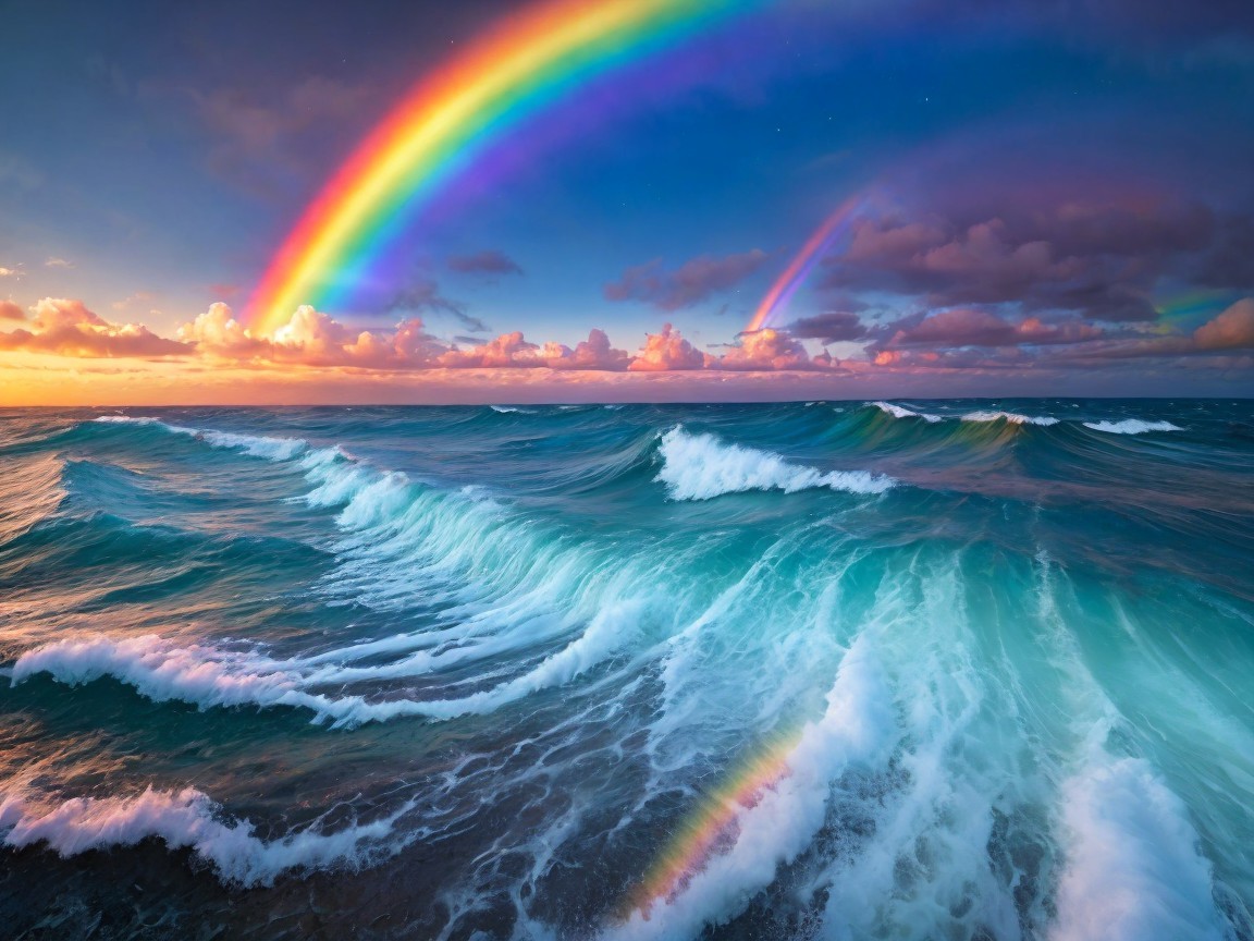 Vibrant Ocean Scene with Double Rainbow and Sunset Sky