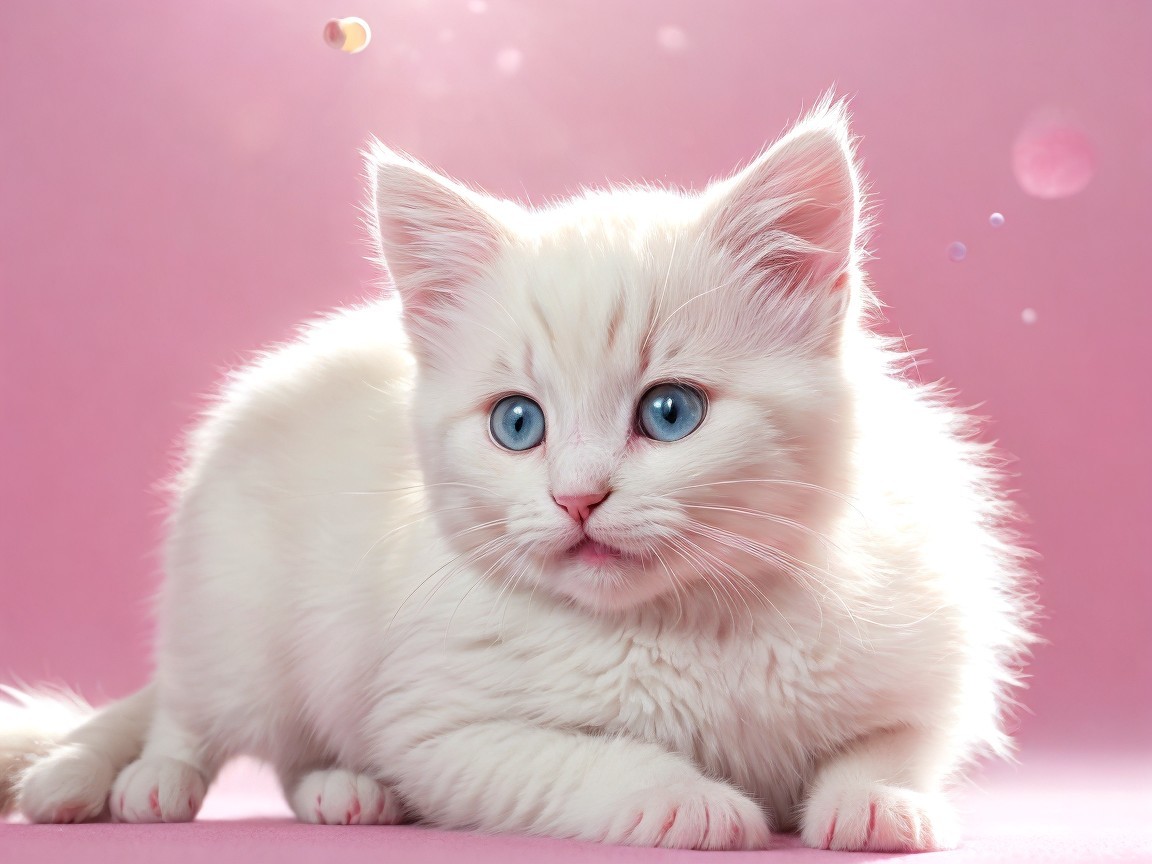 Fluffy White Kitten with Blue Eyes on Pink Background