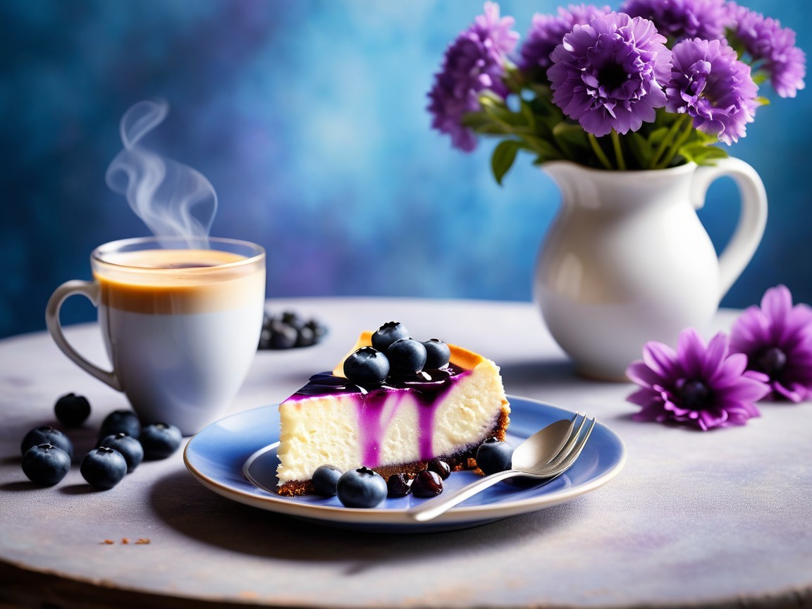 Blueberry cheesecake with coffee and floral arrangement