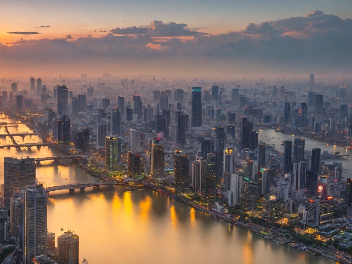 Cityscape at Dusk with Illuminated Skyline and River