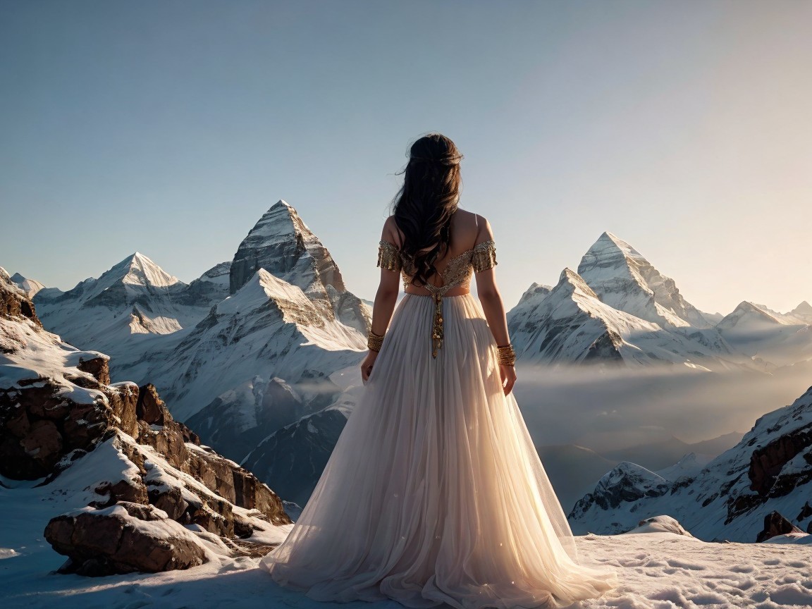 Woman in gown on snowy mountain peak with panoramic view