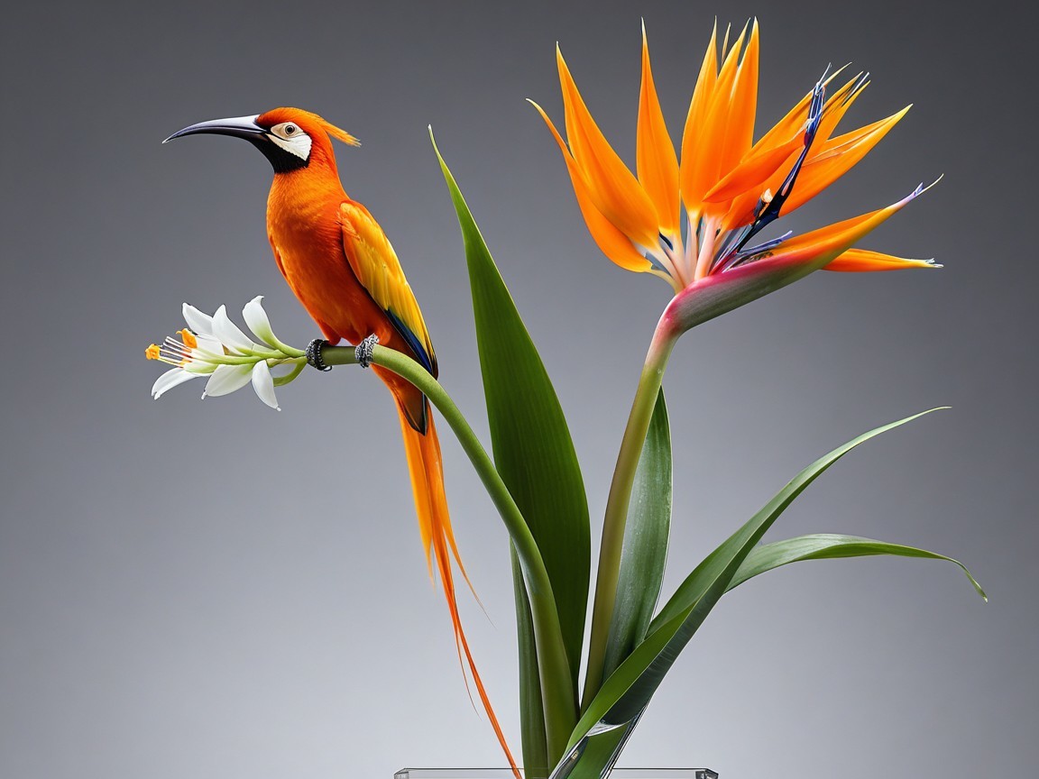 Vibrant Orange Parrot with Bird of Paradise Flower