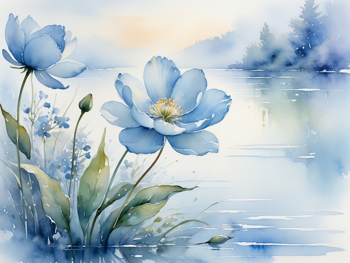 Watercolor Scene of Blue Flowers by a Tranquil Lake