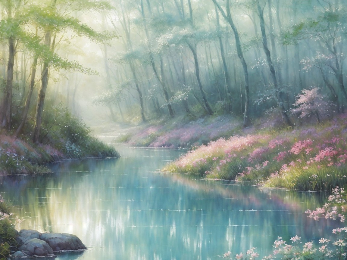 Tranquil Stream in a Lush Forest Landscape